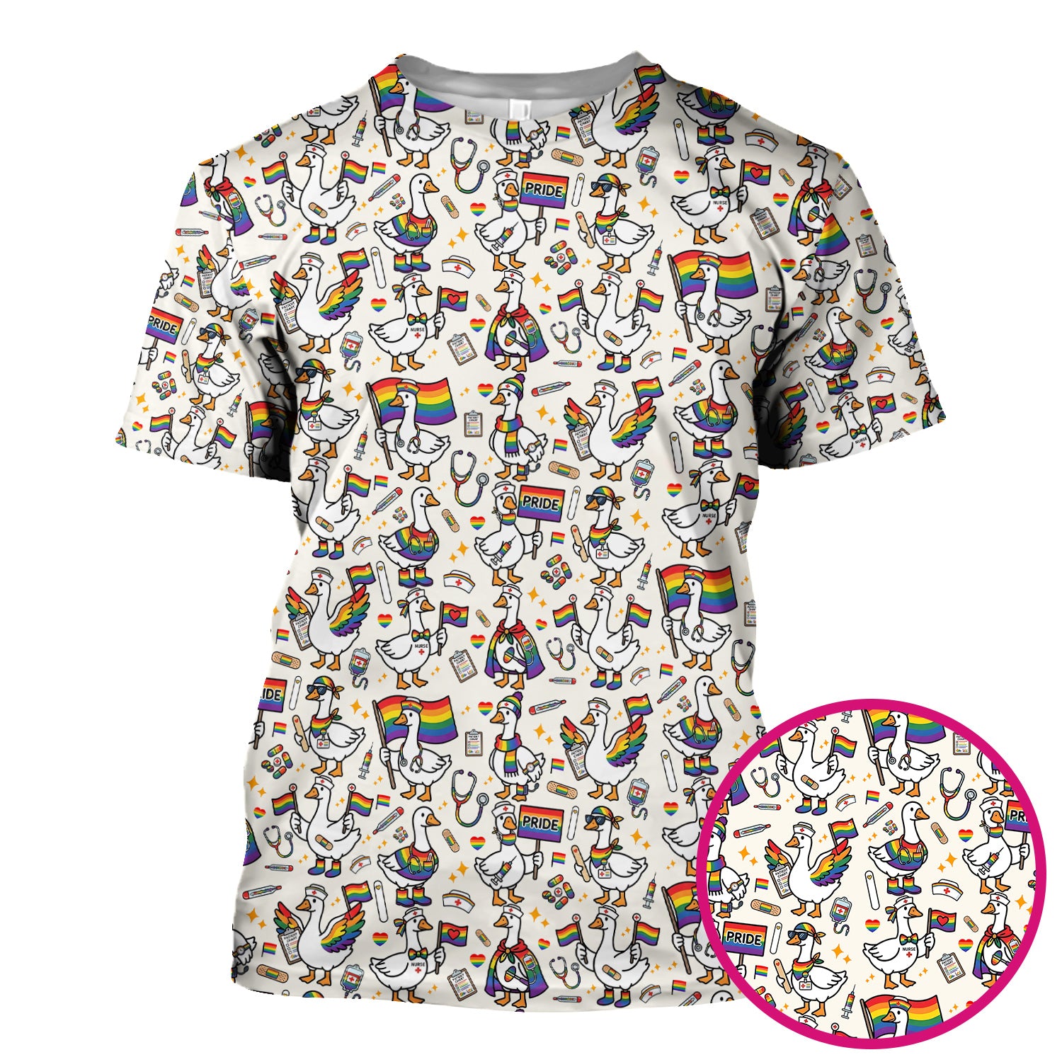 LGBT Pride Nurse Duck Pattern Scrub Top, Breathable Fabrics Nursing Uniform