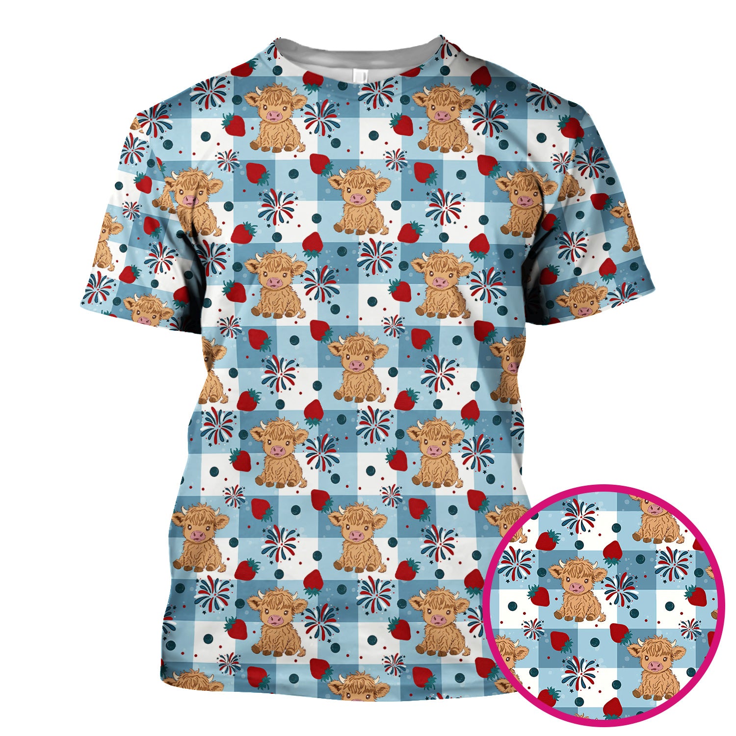 Highland Cow Strawberry Firework Gingham Pattern Scrub Top, Comfortable Scrubs for Nurses