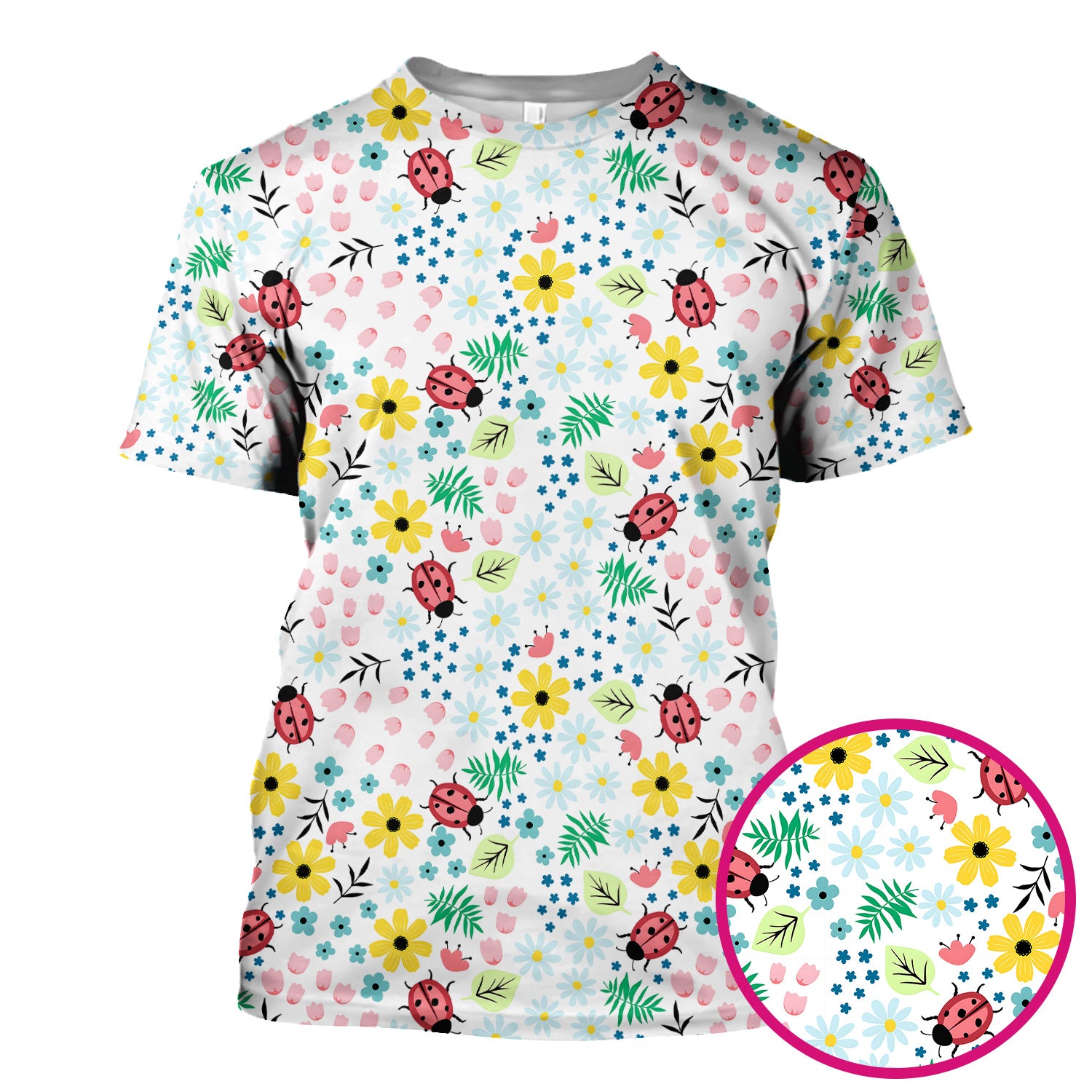 Cute Ladybug Floral Garden Print Scrub Top, Comfortable Scrubs for Nurses