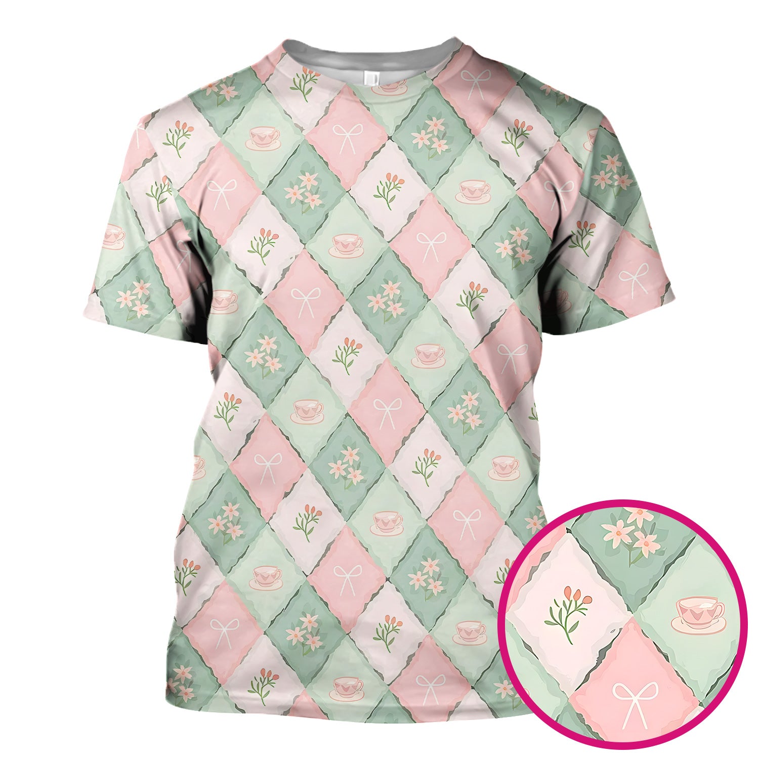 Flowers Tea Cups Pattern Scrubs Top, Comfortable Scrubs for Nurses
