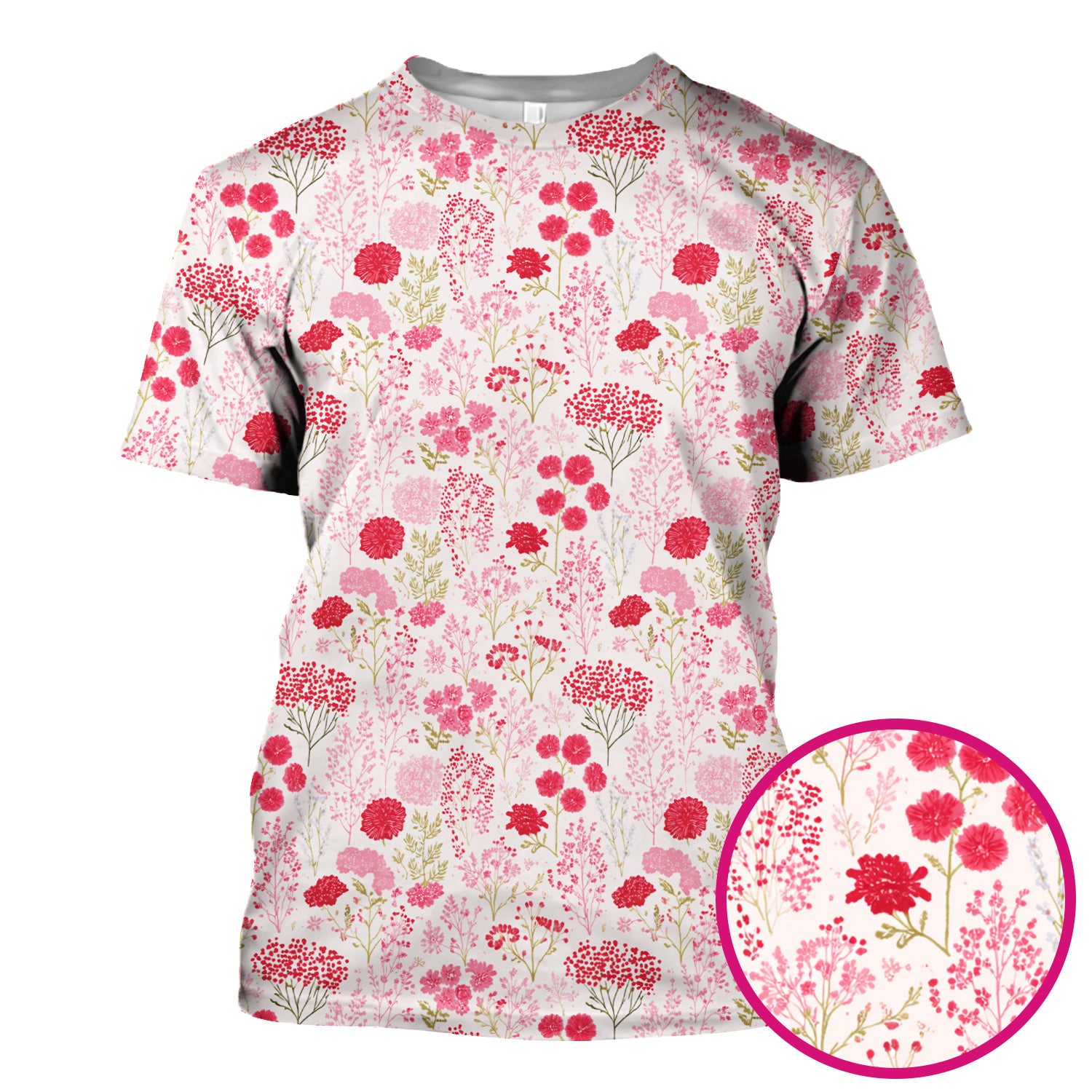 Pink Floral Pattern Allover Print Scrub Top, Breathable Fabrics Nursing Uniform