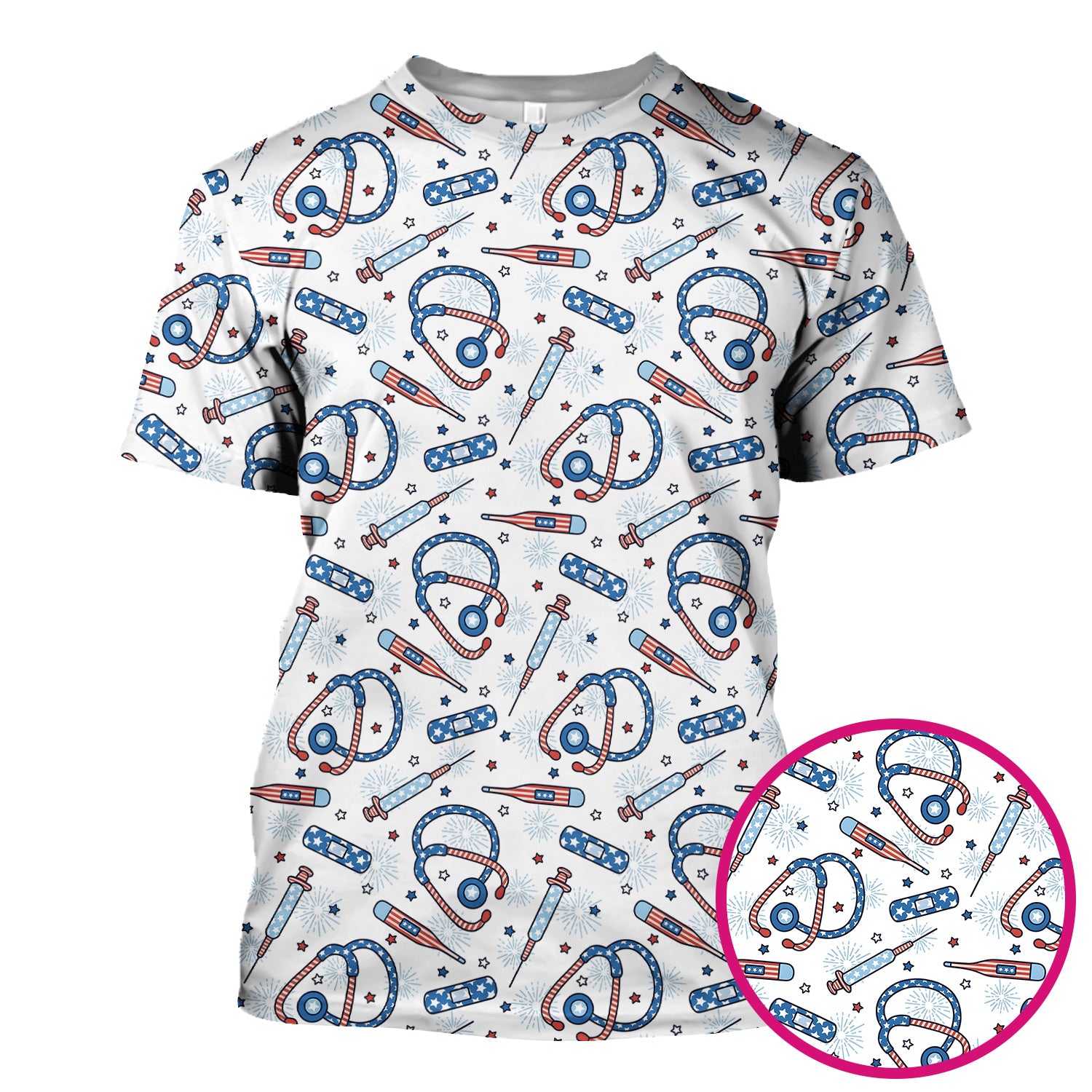 Funny Patriotic Stethoscope Bandage Nurse Pattern Scrub Top, Comfortable Scrubs for Nurses
