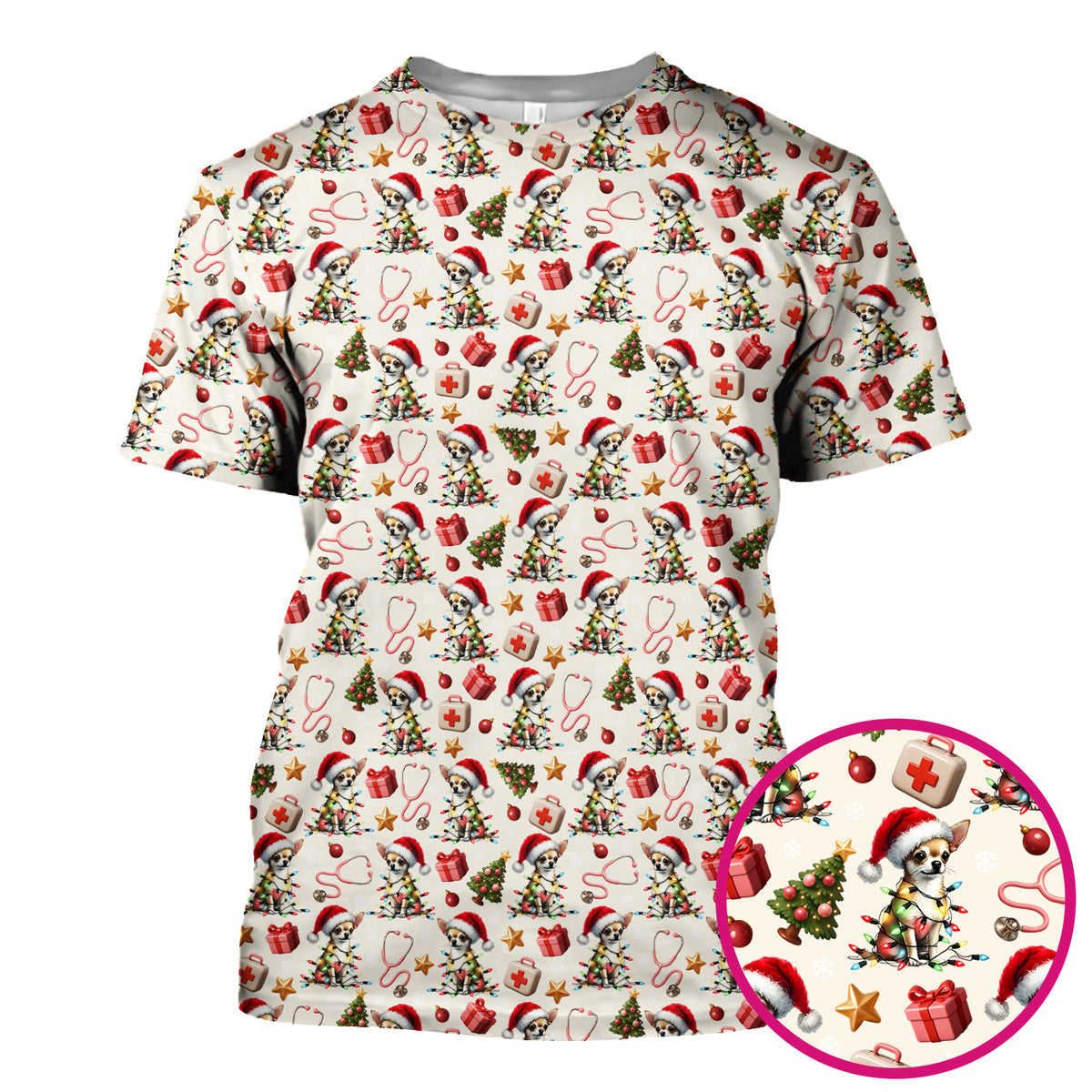 Funny Chihuahua Nurse Scrub Top, Christmas Dog Pattern Medical Shirt, Holiday Scrubs for RN, LPN, CNA, Vet Tech Gift