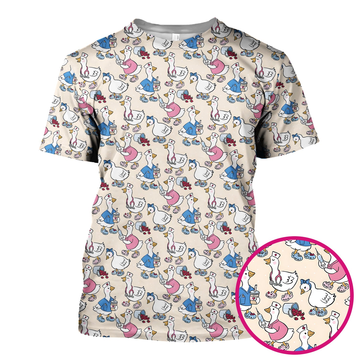 Cute Nurse Goose Cartoon Pattern Scrub Top, Comfortable Scrubs for Nurses