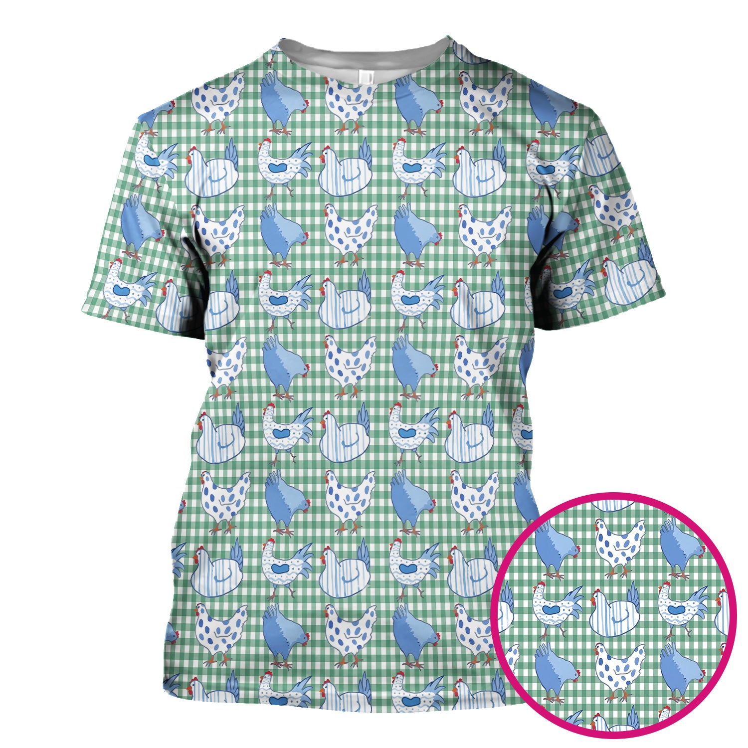 Blue Chicken Gingham Pattern Scrub Top, Comfortable Scrubs for Nurses