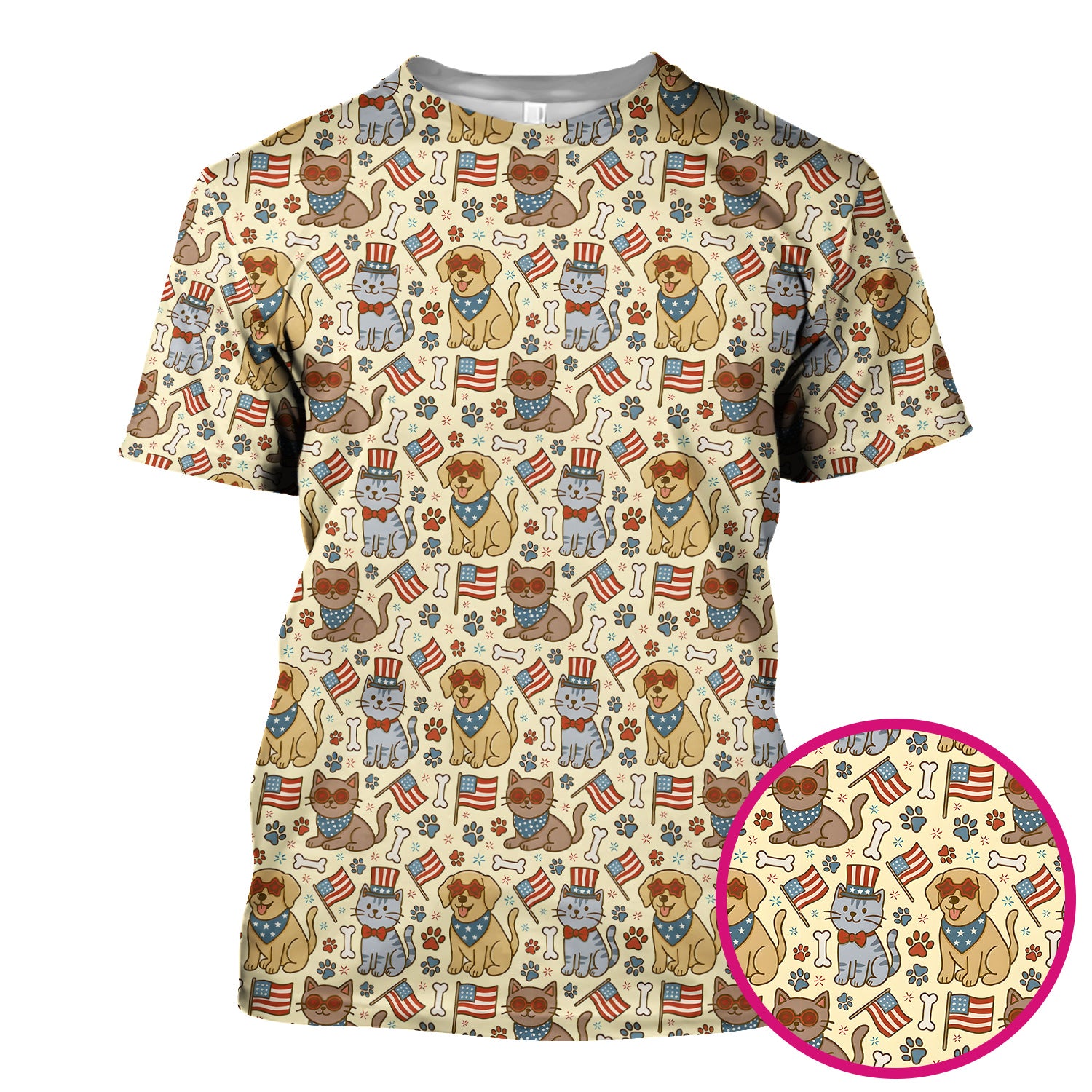 American Flag Patriotic Cat & Dog Pattern Scrub Top, Comfortable Scrubs for Nurses