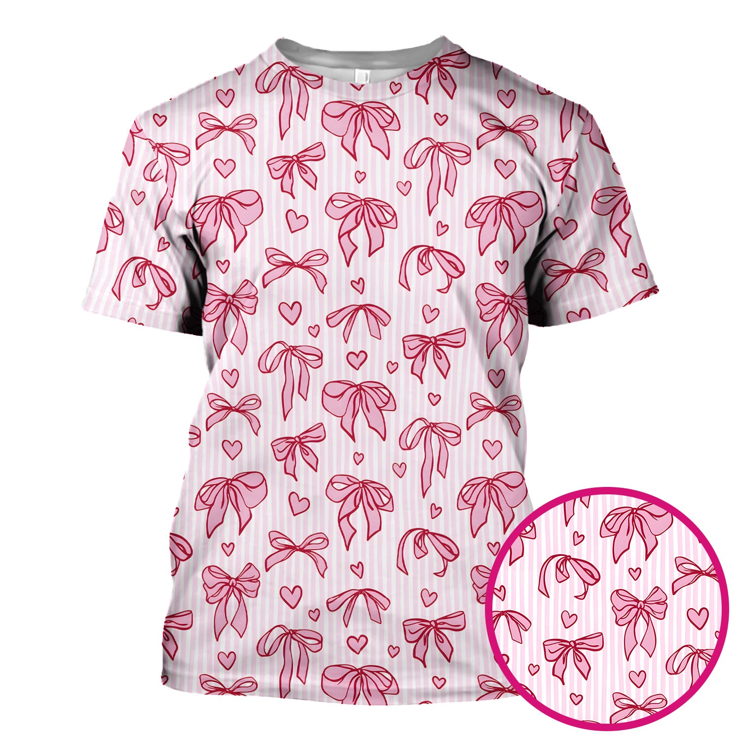 Pink Bow Heart Stripe Pattern Scrub Top, Breathable Fabrics Nursing Uniform