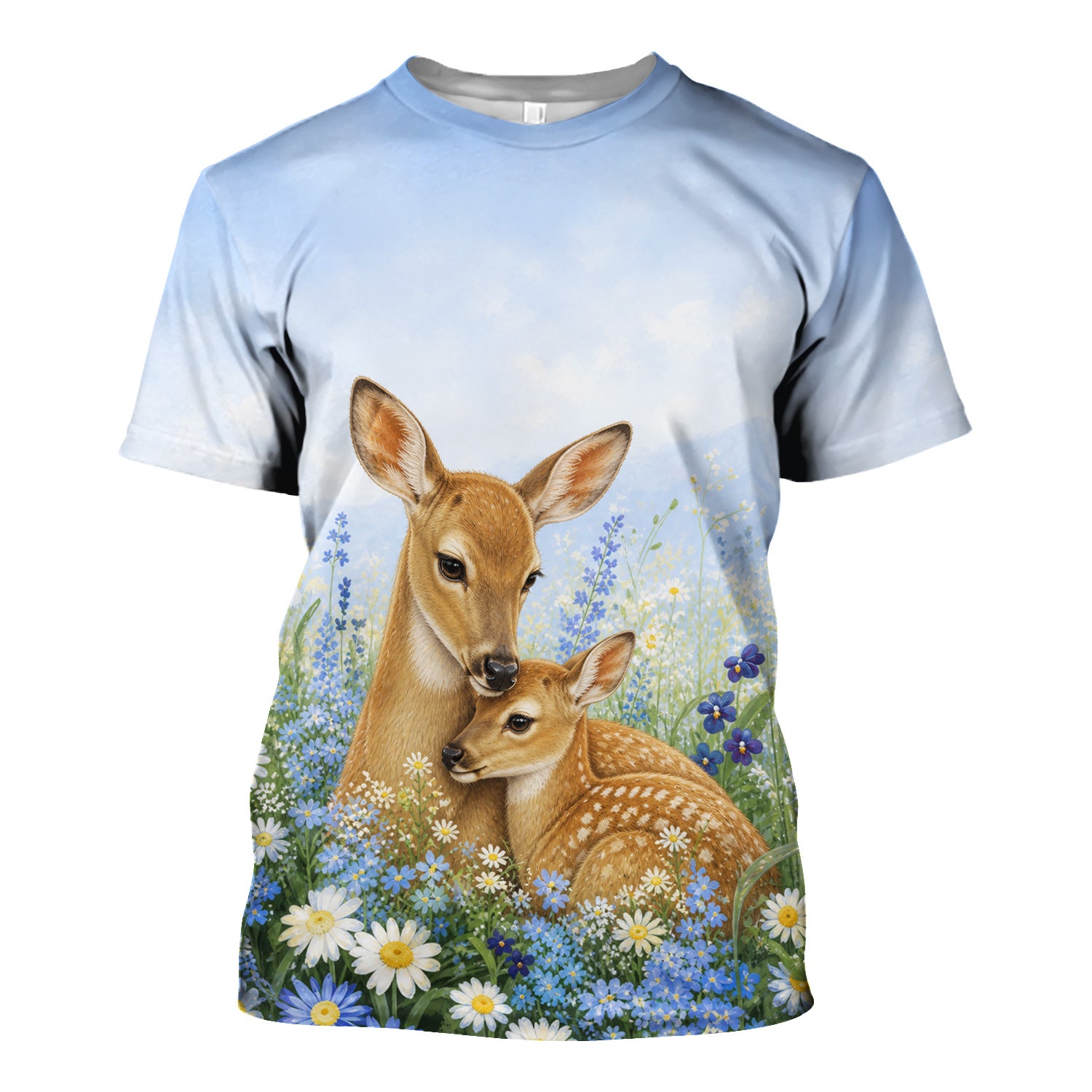 Cute Deer Mother Baby With Meadow Pattern Scrub Top, Comfortable Scrubs for Nurses