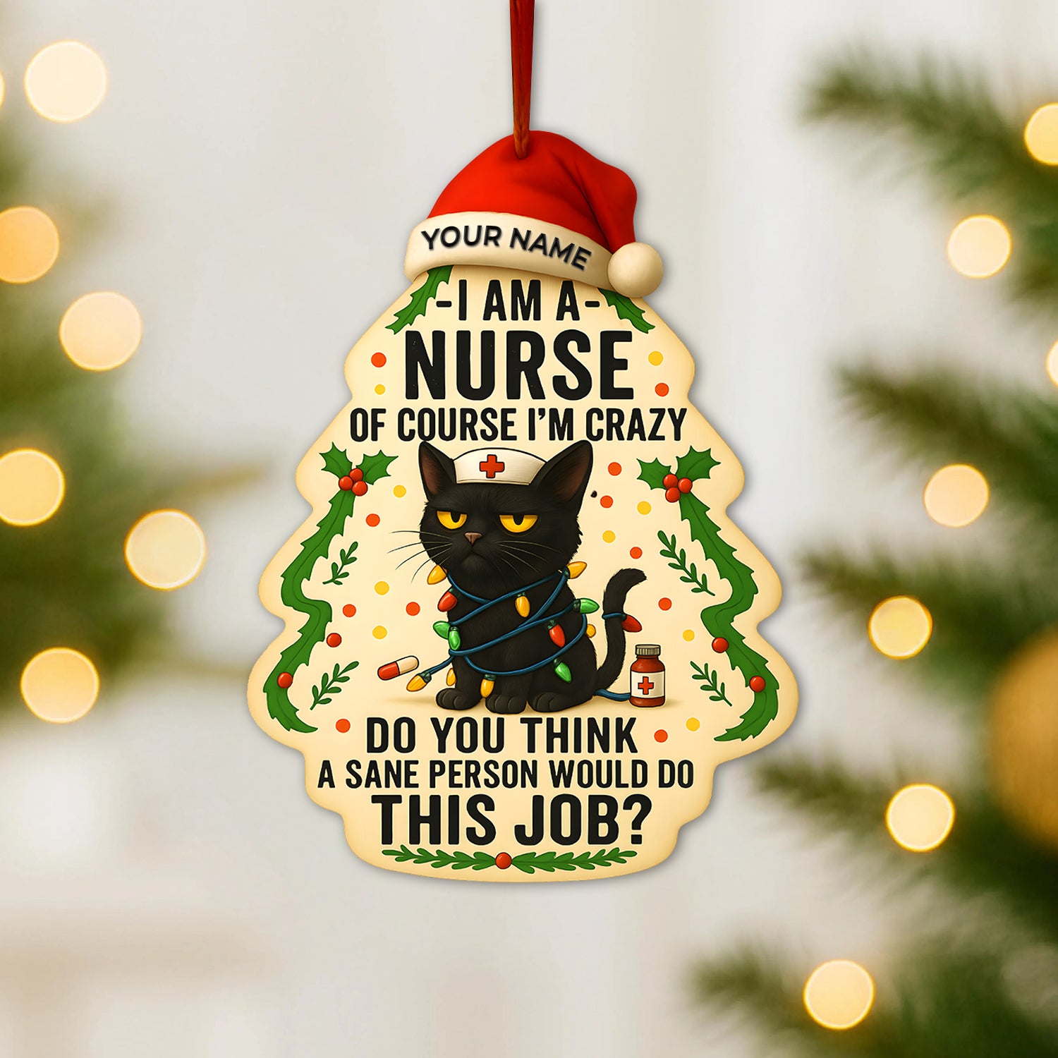 Personalized Nurse Black Cat Christmas Ornament, Holiday Decoration, Custom Name Nurse Gift for CNA RN LPN