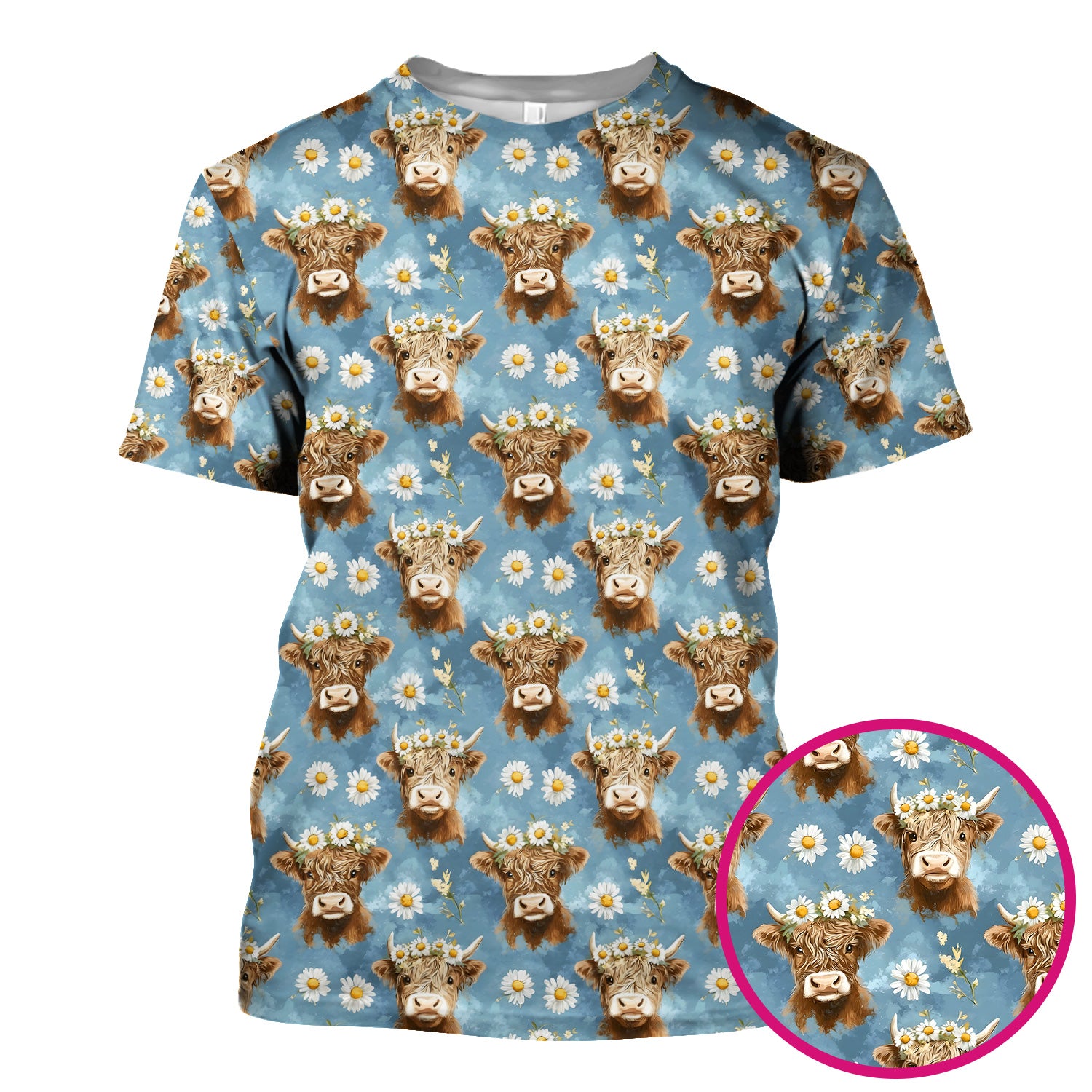 Highland Cow Daisy Flower Pattern Scrub Top, Comfortable Scrubs for Nurses