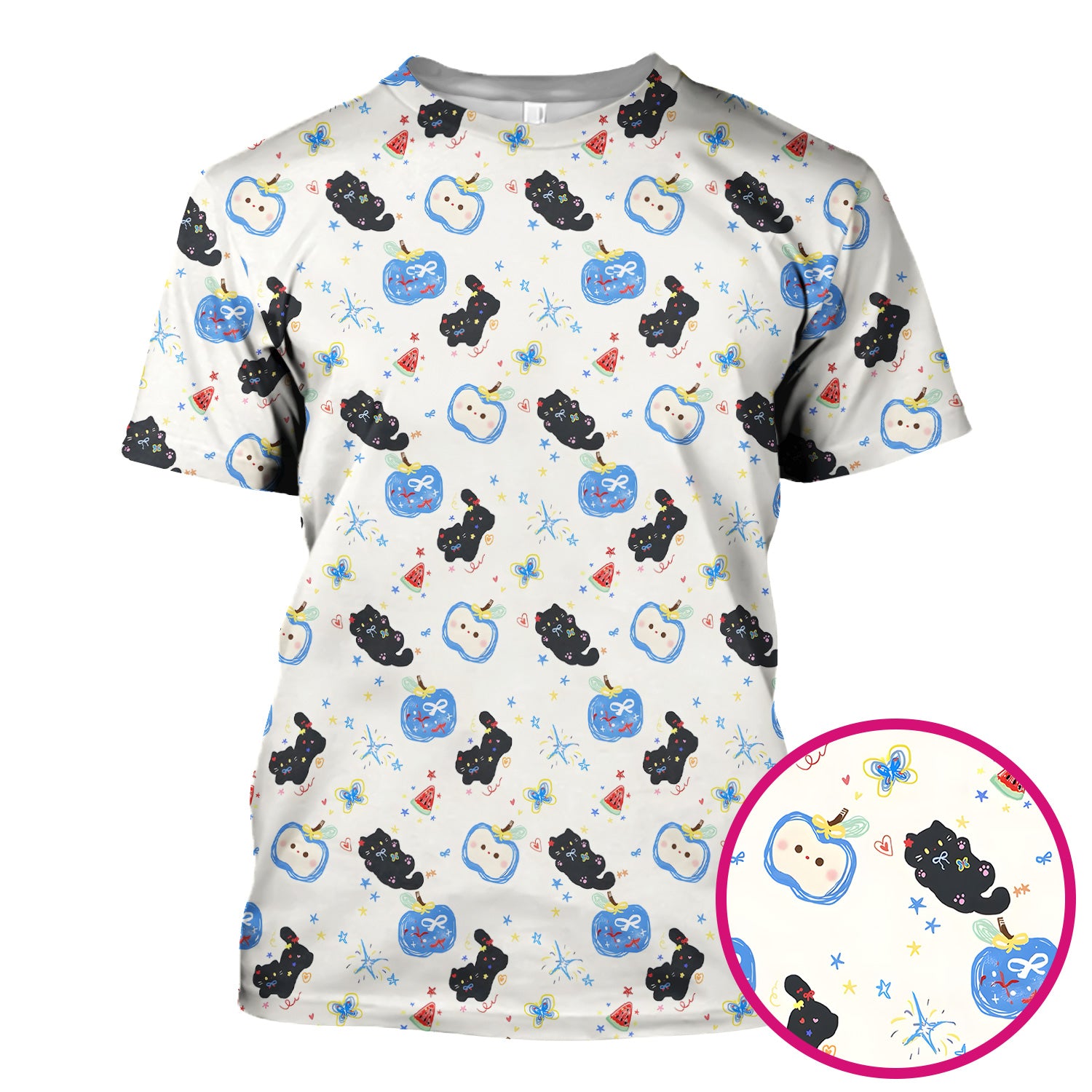 Cute Black Cat and Apple Print V Neck Scrub Top for Nurses