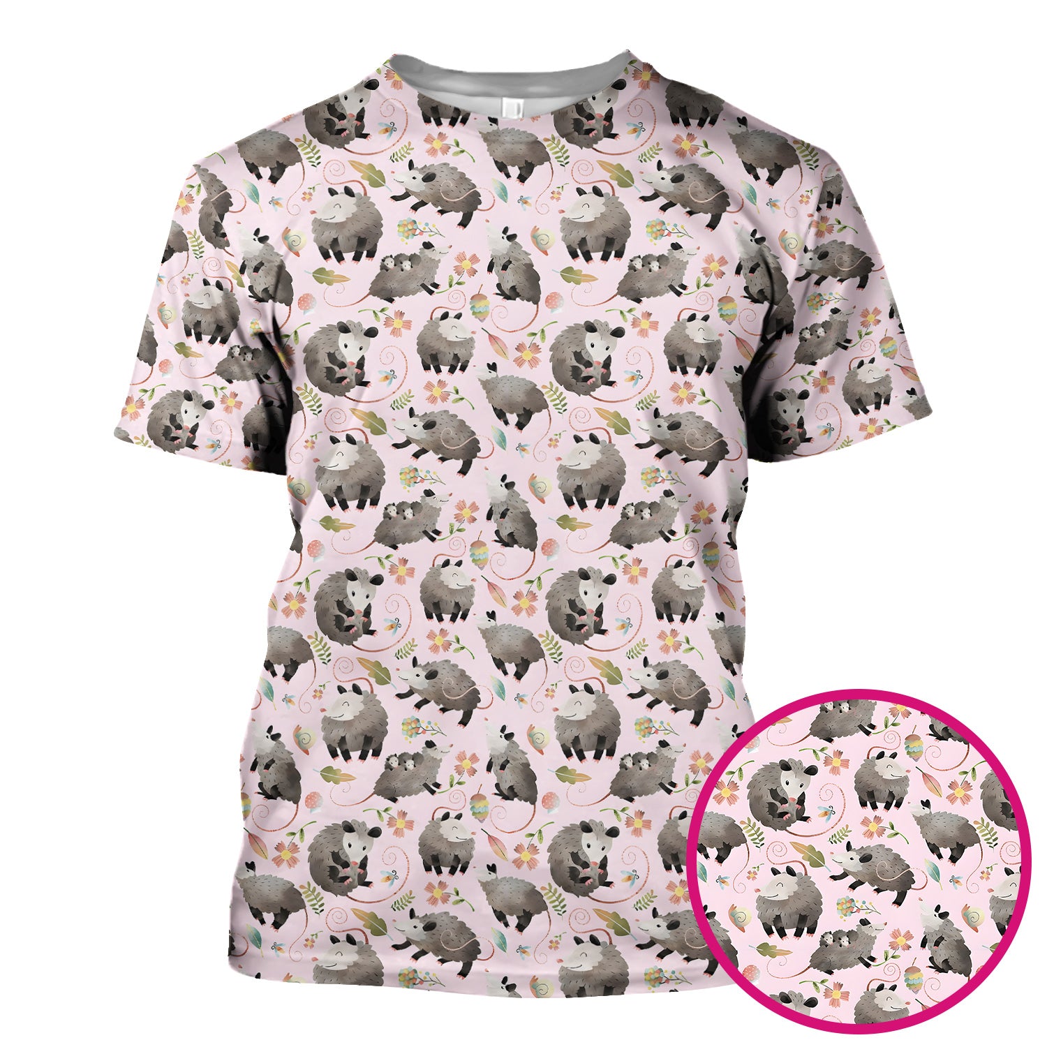 Cute Opossum Playing Flower Garden Pattern Scrub Top, Comfortable Scrubs for Nurses