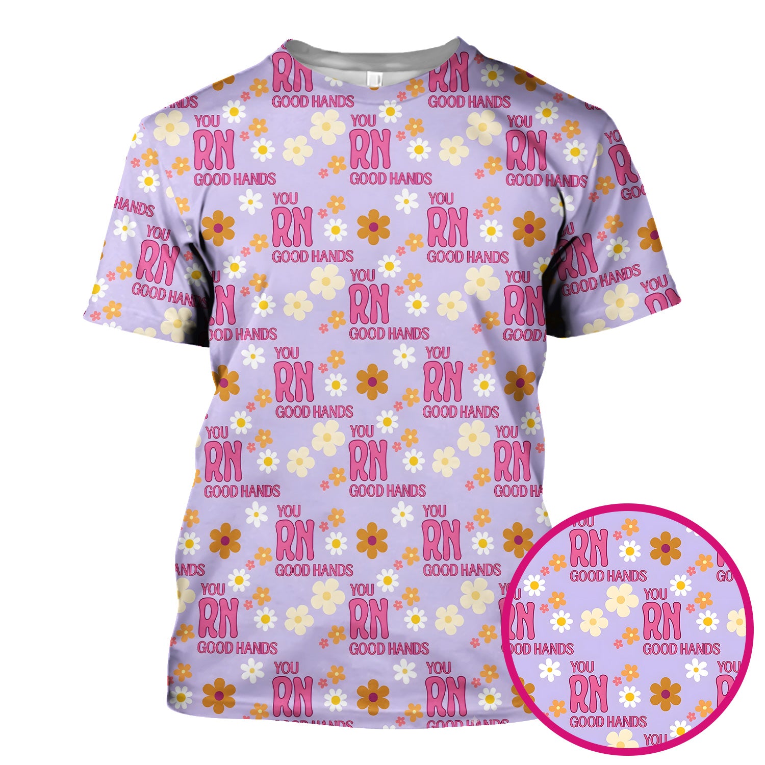You RN Good Hands Floral Daisy Pattern Scrub Top, Comfortable Scrubs for Nurses