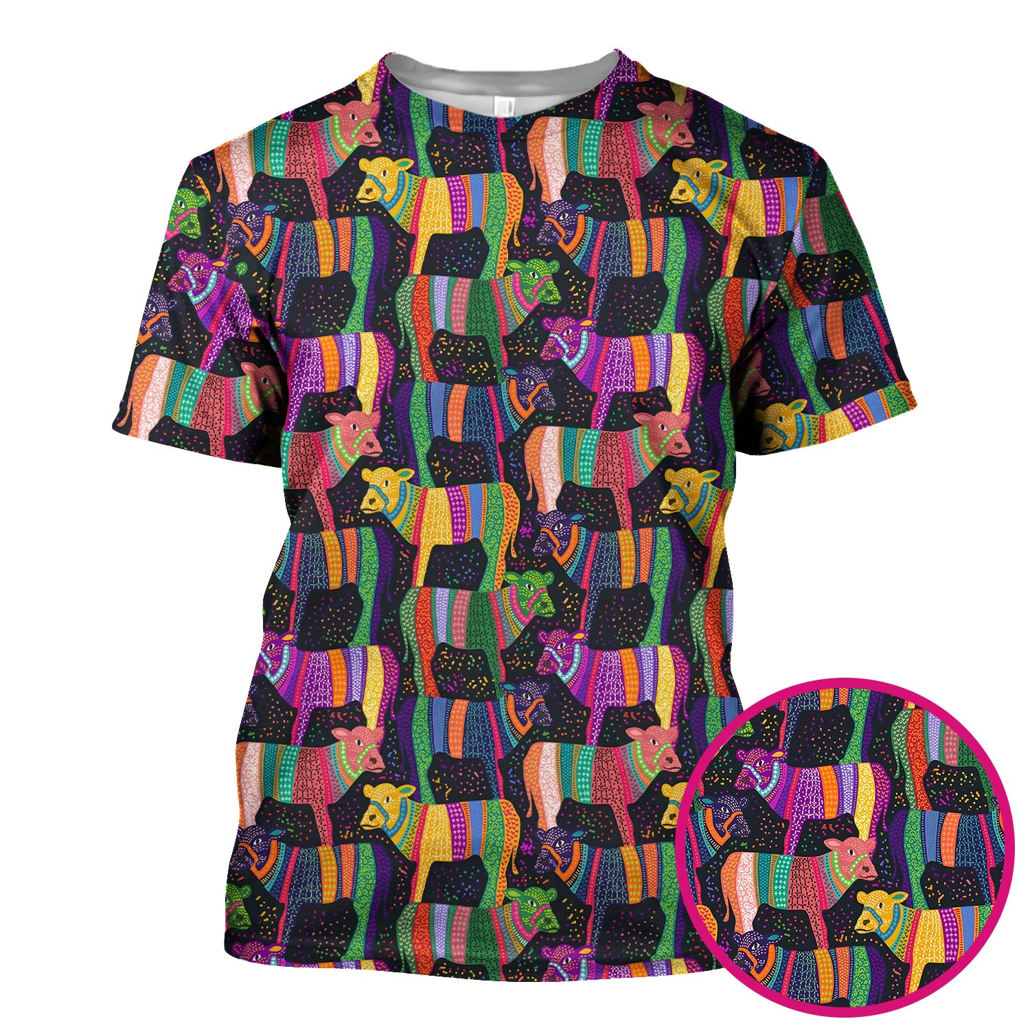 Vibrant Patchwork Rainbow Cow Pattern Scrub Top, Comfortable Scrubs for Nurses