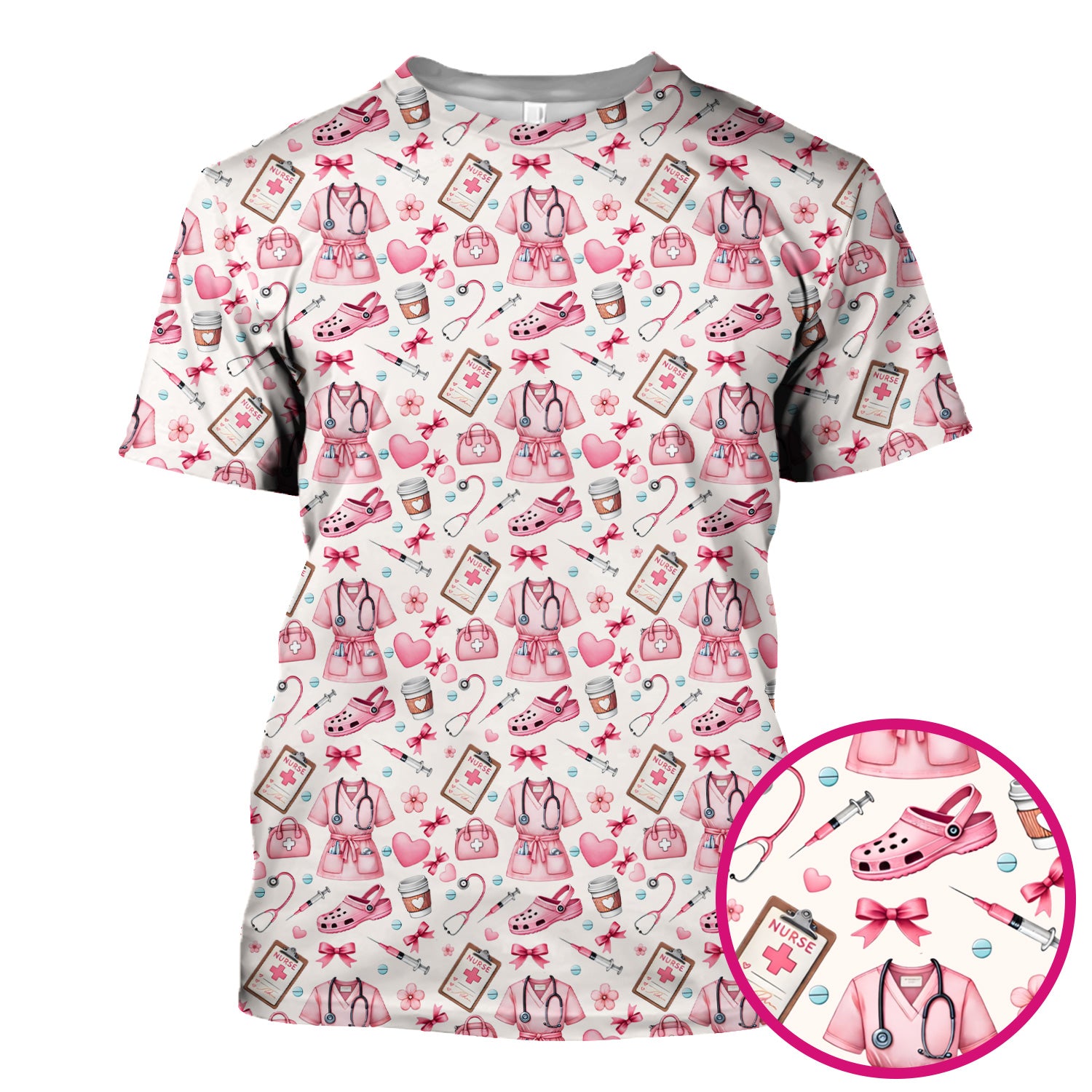 Valentine Pink Nurse Icons Print Scrub Top, Comfortable Scrubs for Nurses