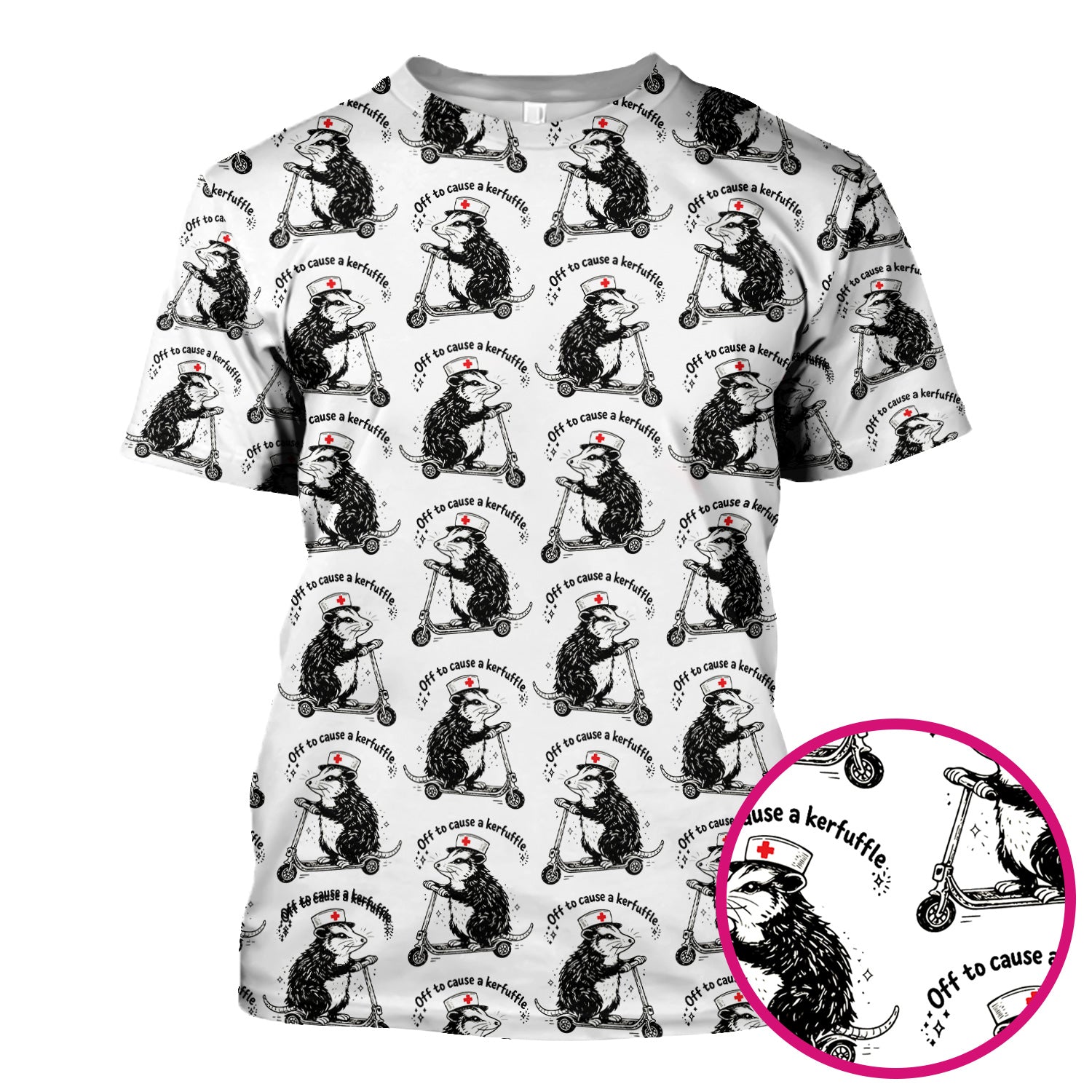 Funny Opossum Nurse Riding Scooter Pattern Scrubs Top, Breathable Fabrics Nursing Uniform