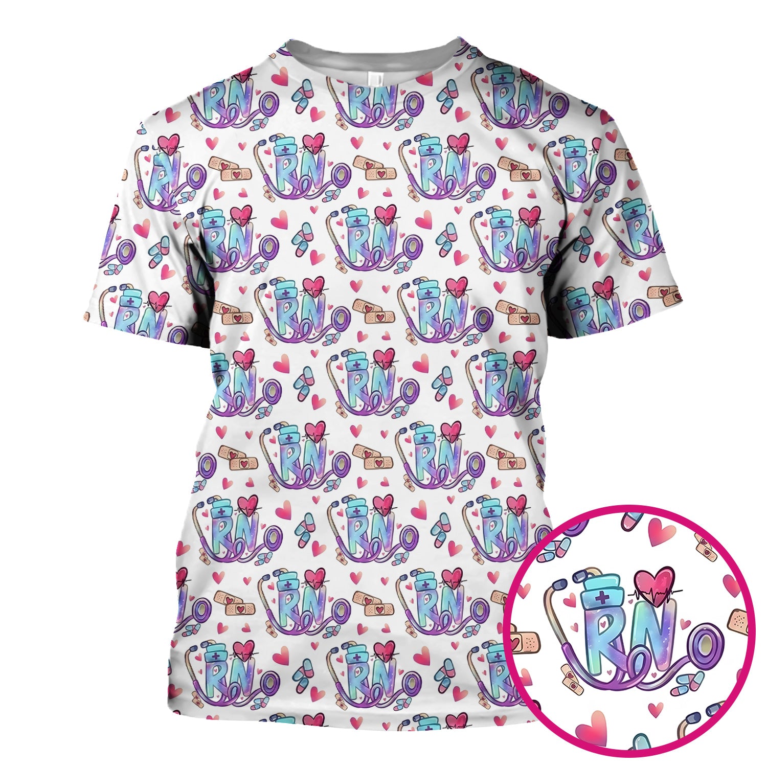 Nurse Life RN Heart Pattern Scrub Top, Breathable Fabrics Nursing Uniform
