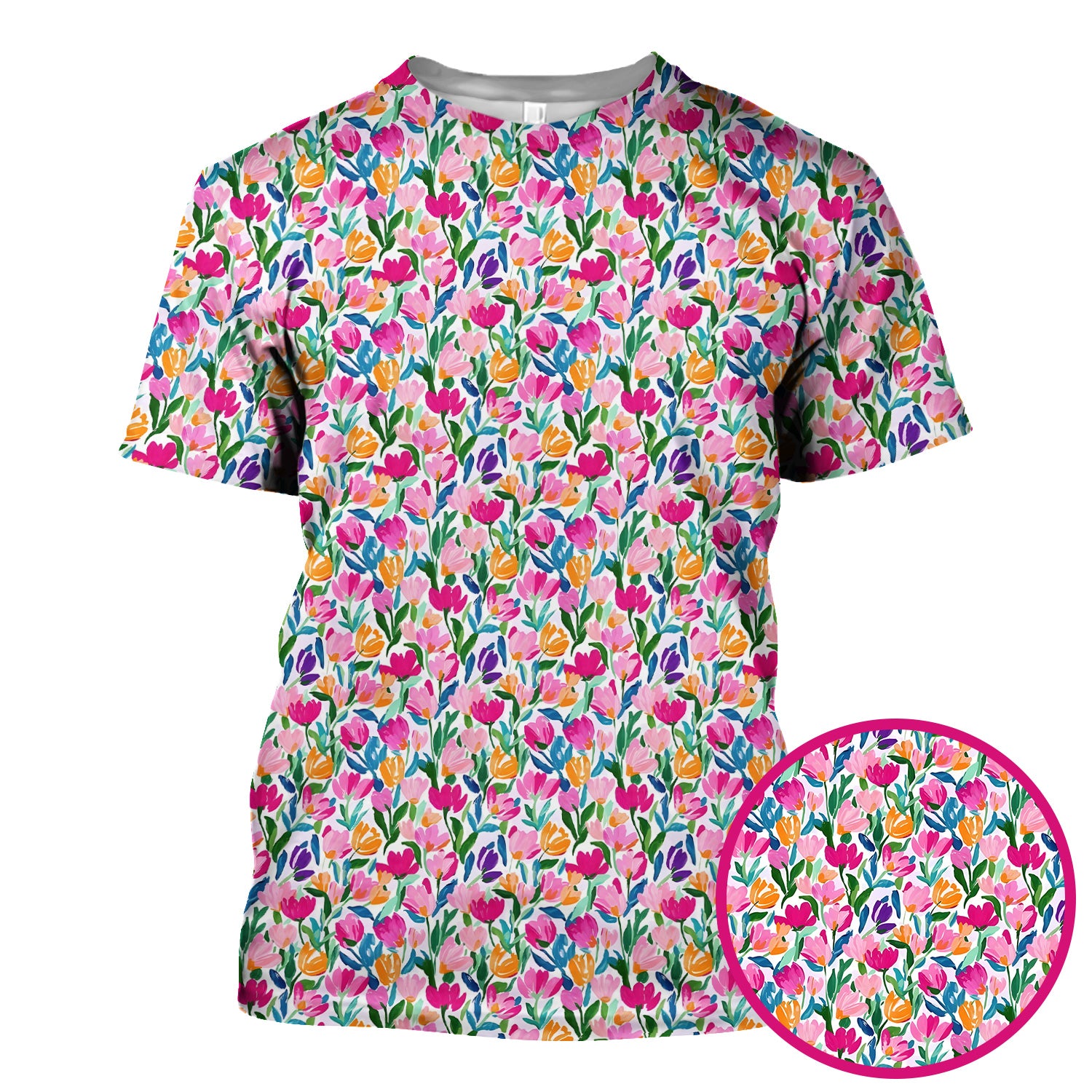Vibrant Tulip Meadow Pattern Scrub Top, Breathable Fabrics Nursing Uniform