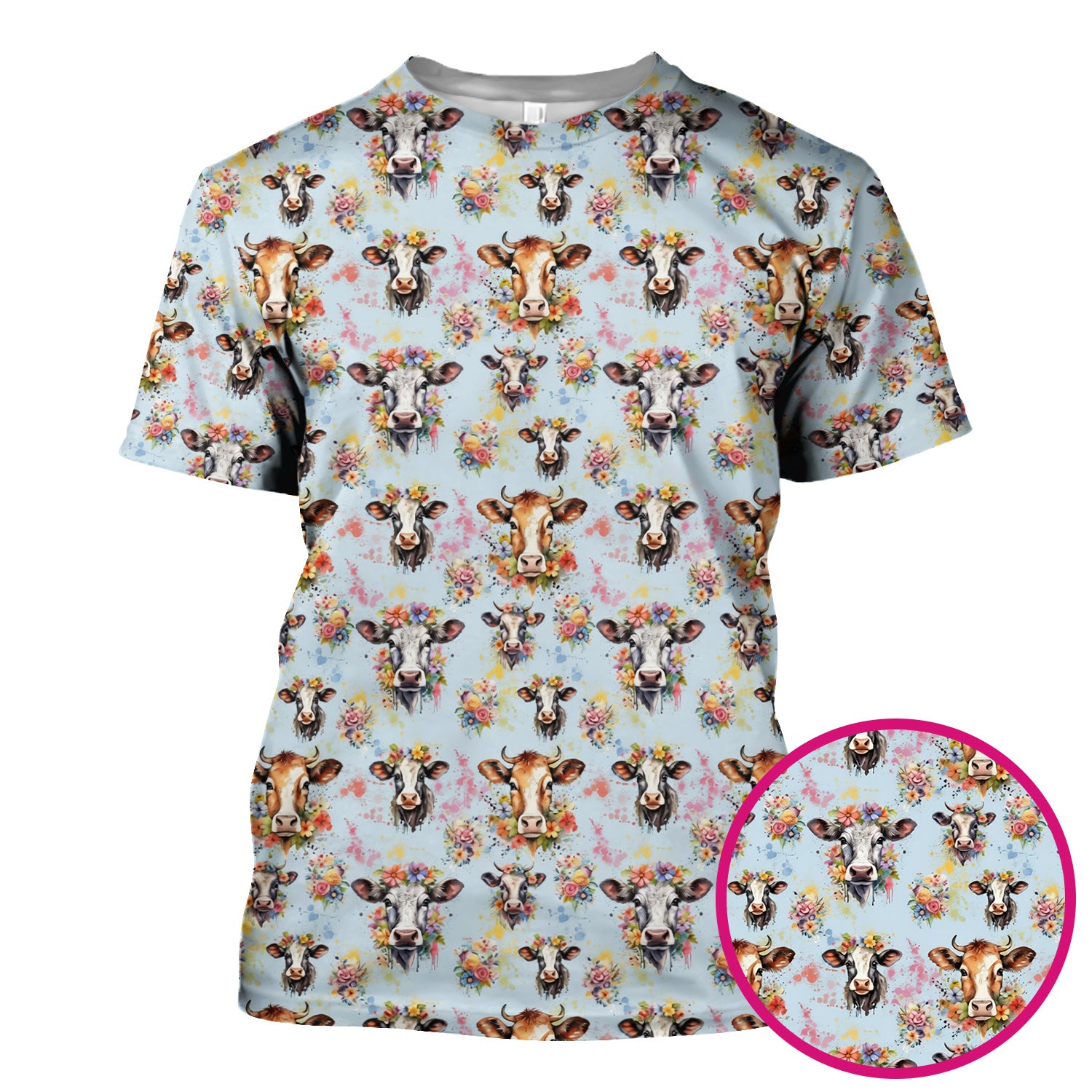 Cute Floral Cow Farm Animal Pattern Scrub Top, Comfortable Scrubs for Nurses