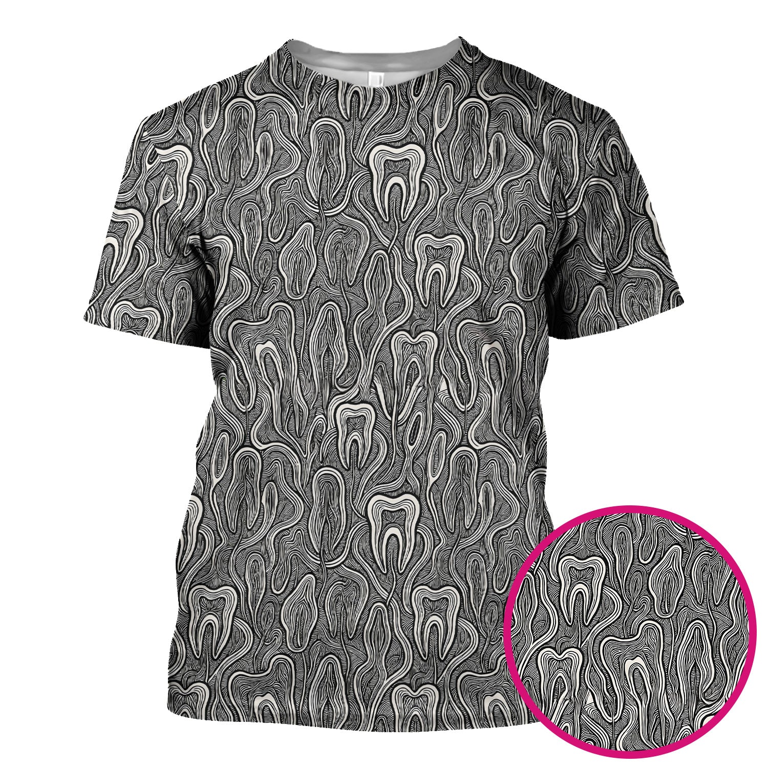 Dental Tooth Line Art Pattern Scrub Top, Breathable Fabrics Nursing Uniform