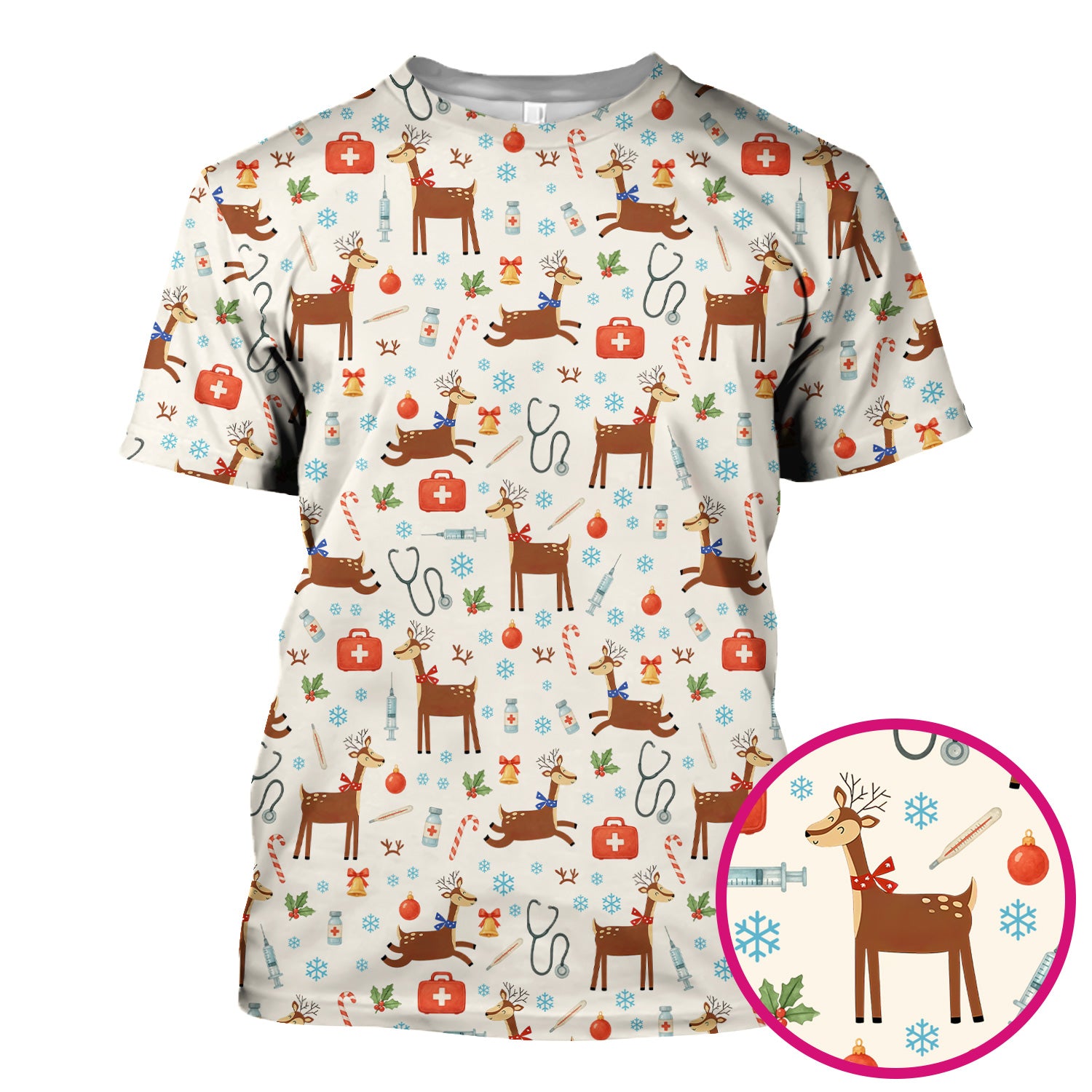 Reindeer Christmas Scrub Top - Snowflakes Candy Canes Holiday Medical Shirt - Xmas Scrubs for Women RN CNA LPN