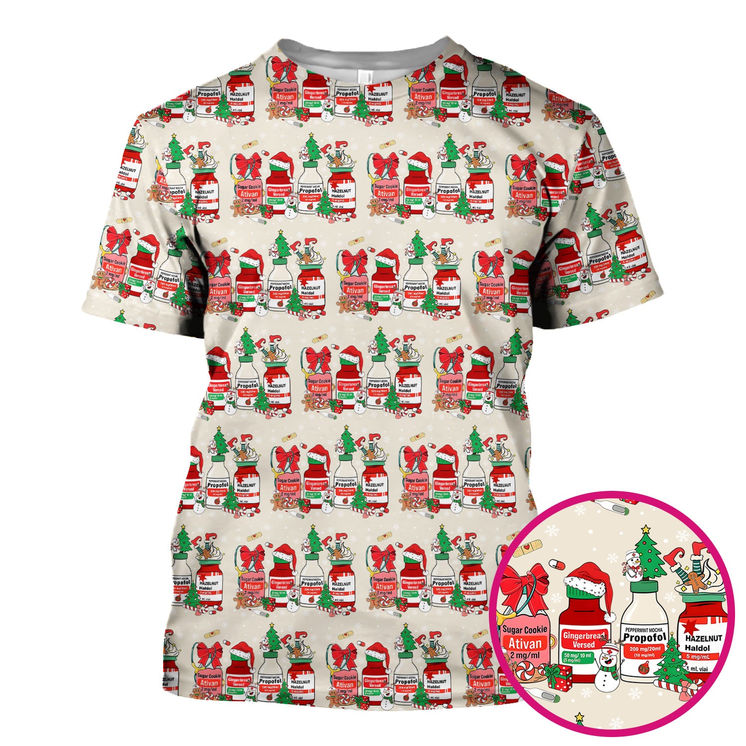Funny Christmas Medication Scrub Top – Festive Holiday Pharma Bottles Pattern – Playful Medical Uniform for Nurses, Pharmacists & Healthcare Workers