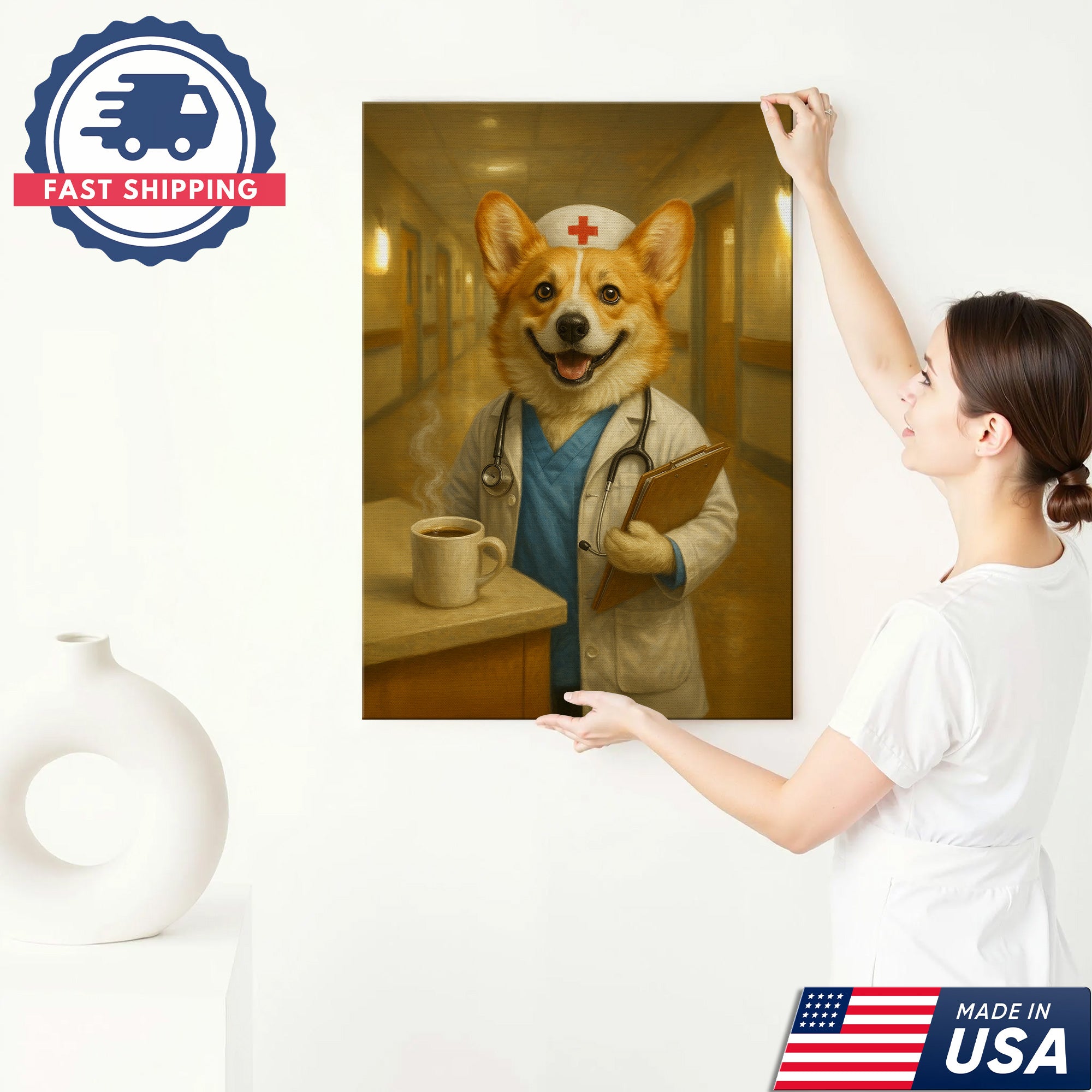 Funny Corgi Nurse Canvas, Cute Nurse Poster Wall Art For Clinic, Nursing Gift For RN, Corgi Nurse Poster
