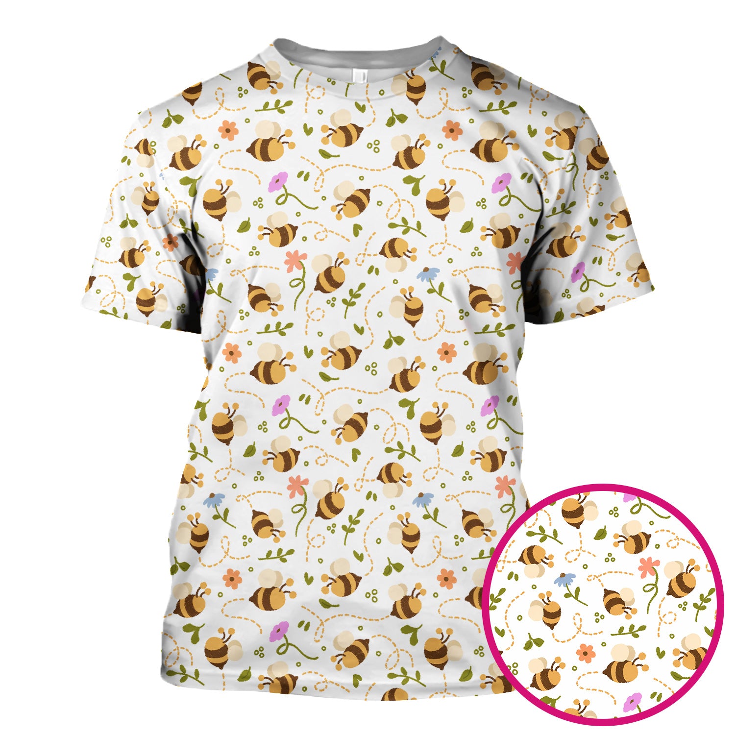 Bee Flying Floral Trail Garden Pattern Scrub Top, Breathable Fabrics Nursing Uniform