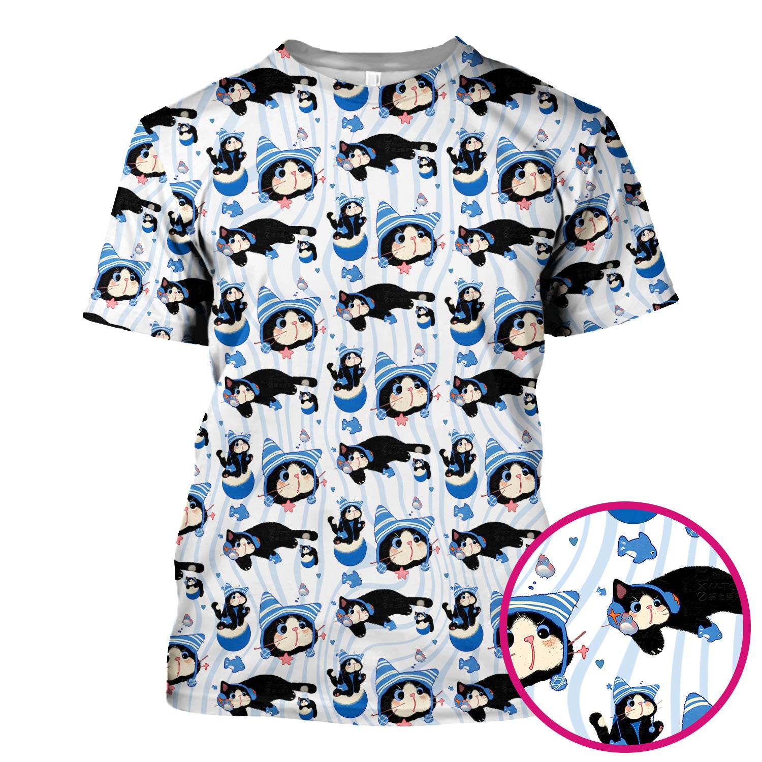 Charming Kitten Fish Pattern Scrub Top, Comfortable Scrubs for Nurses