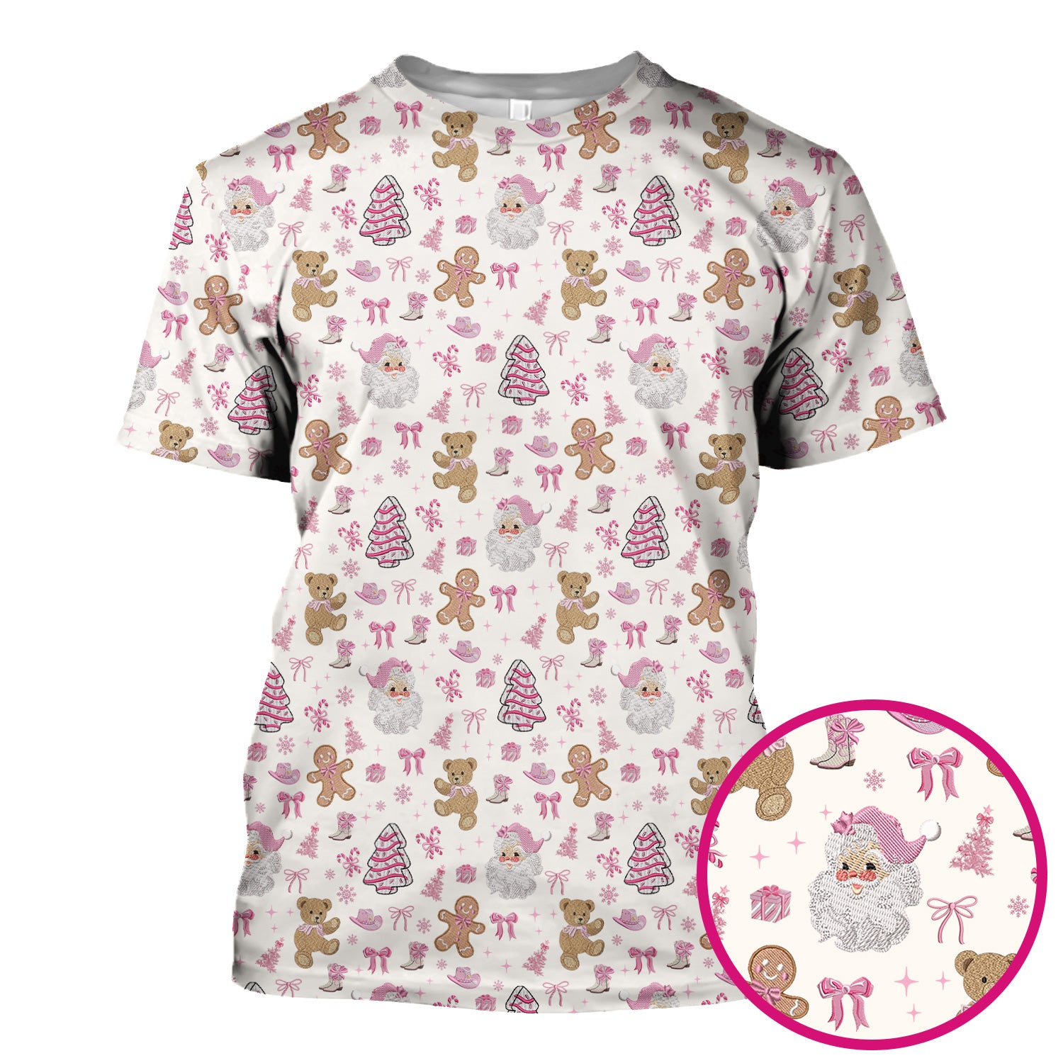 Pink Christmas Santa Gingerbread Scrub Top, Cute Holiday Medical Pattern Shirt, Breathable Fabrics Nursing Uniform