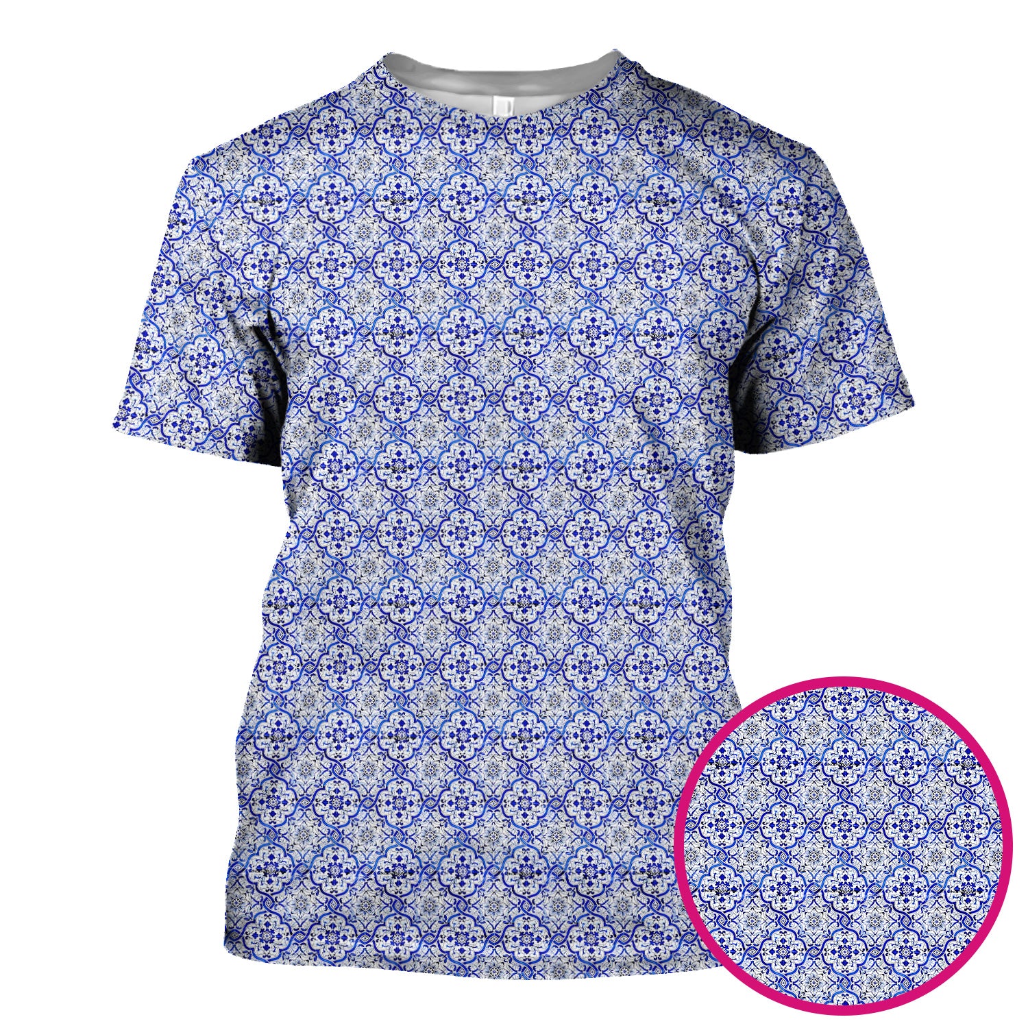 Blue Vintage Tile Floral Pattern Scrub Top, Breathable Fabrics Nursing Uniform