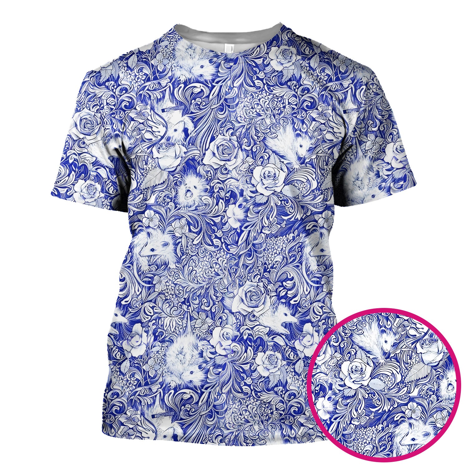 Blue Toile Porcupine Floral Pattern Scrub Top for Women, Breathable Nursing Uniform