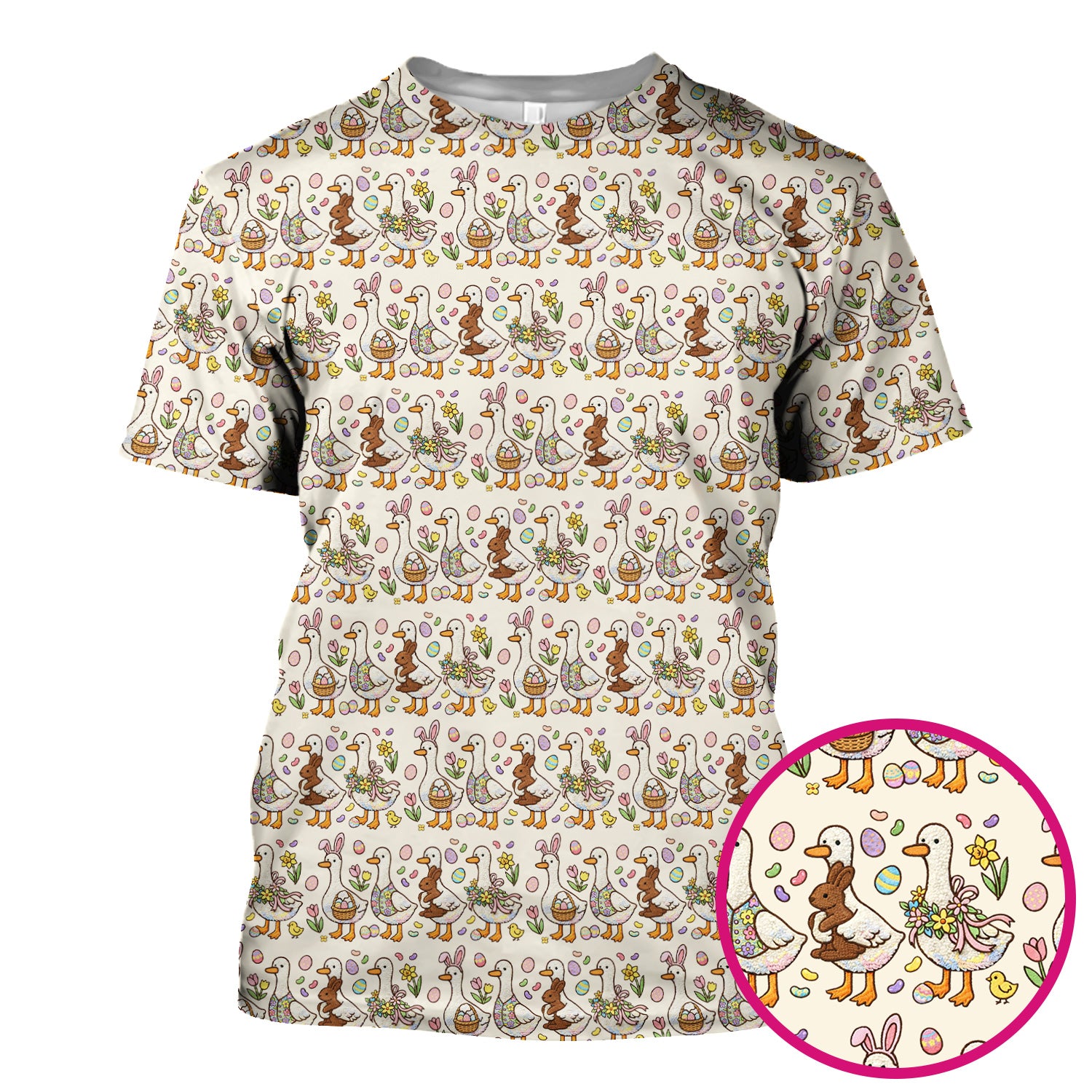 Easter Theme Duck and Bunny Egg Floral Print Scrub Top, Comfortable Scrubs for Nurses