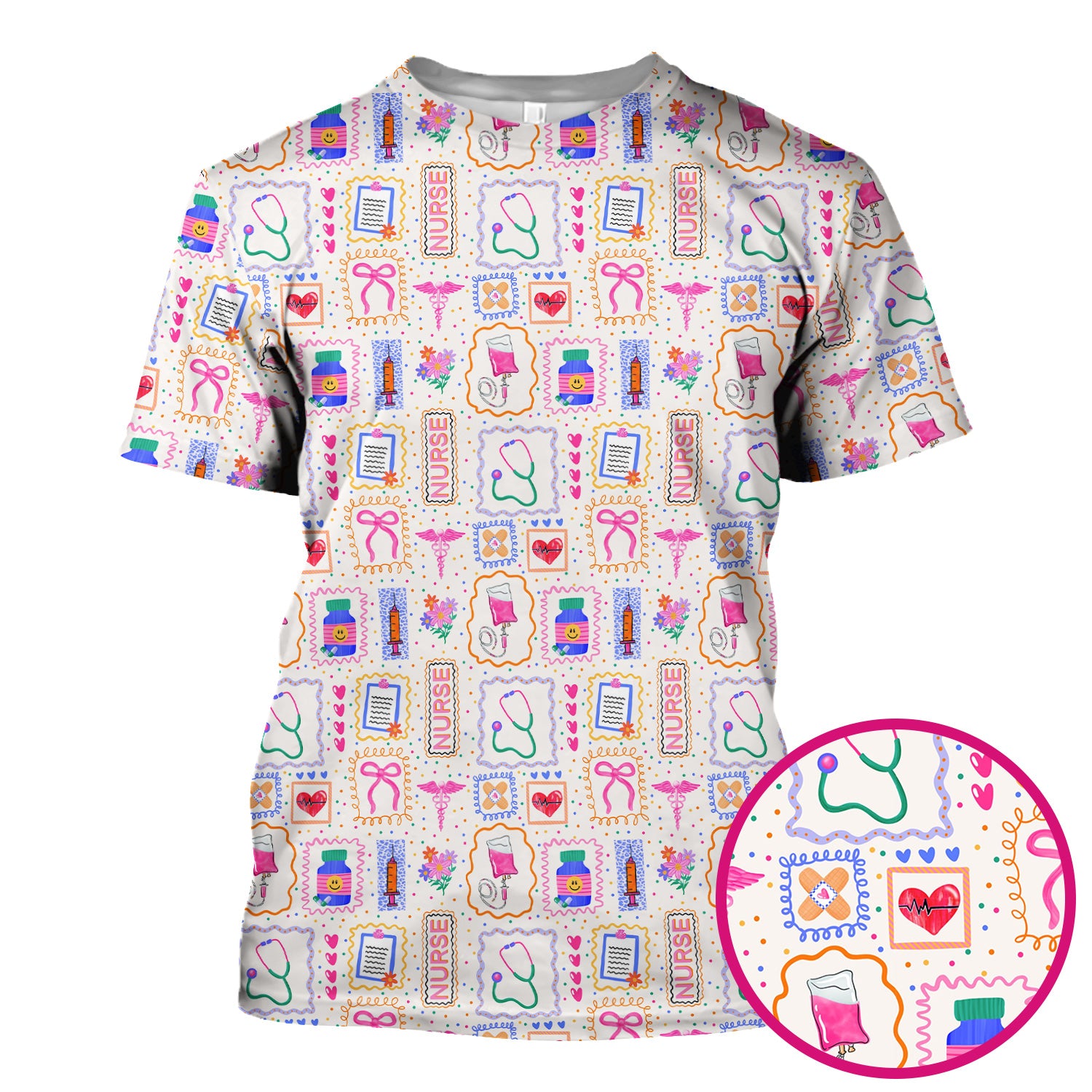 Colorful Nurse Medical Icon Pattern Scrub Top, Comfortable Scrubs for Nurses