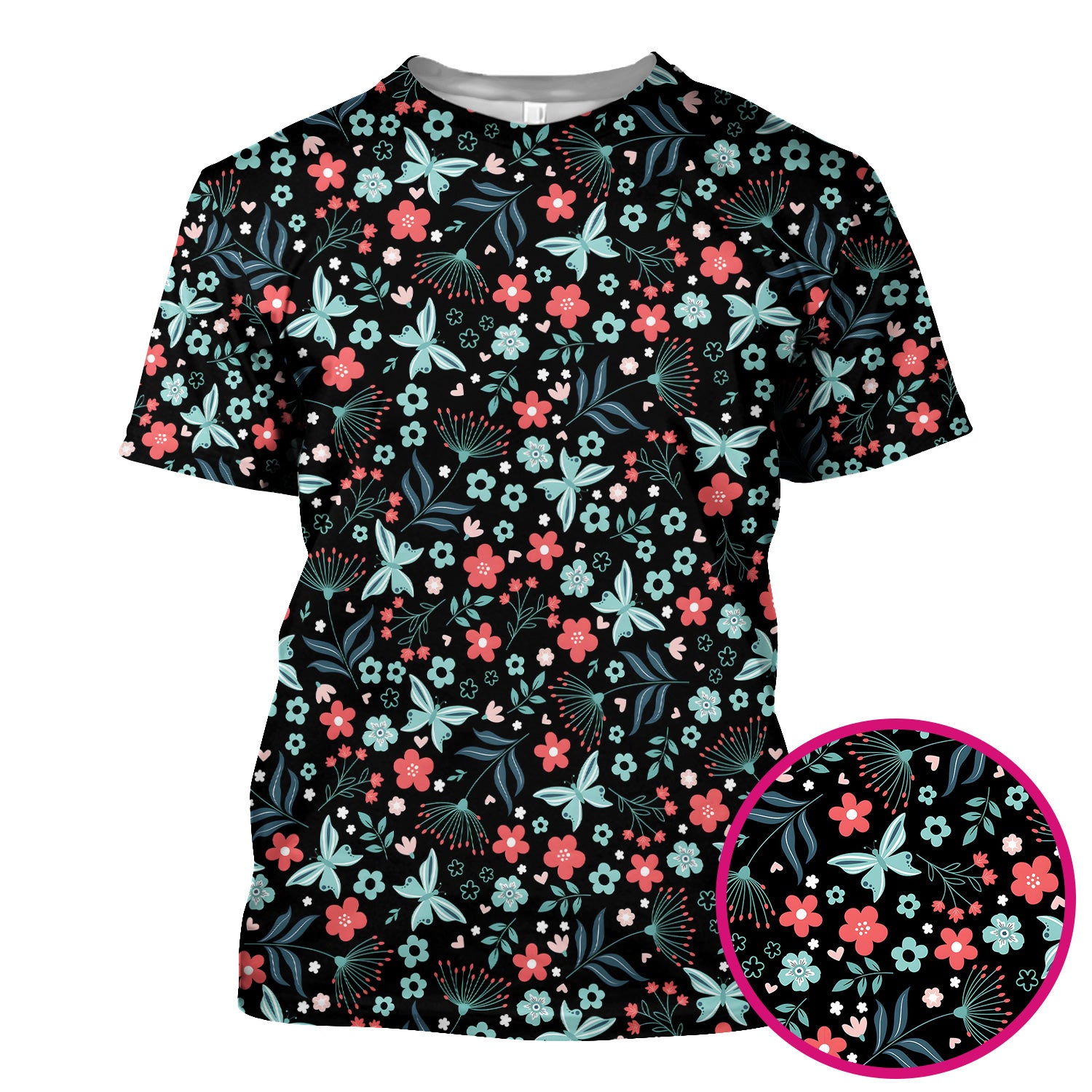 Cute Floral Butterfly Garden Print Scrub Top, Comfortable Scrubs for Nurses