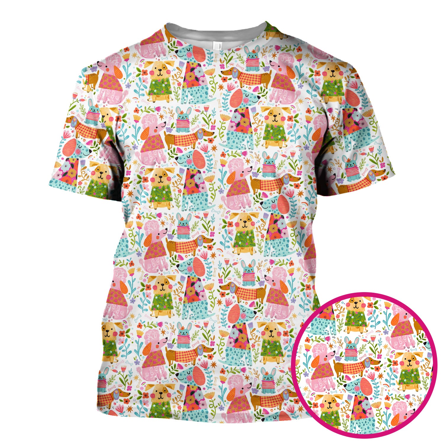Cute Colorful Dog Floral Cartoon Pattern Scrub Top, Comfortable Scrubs For Nurses