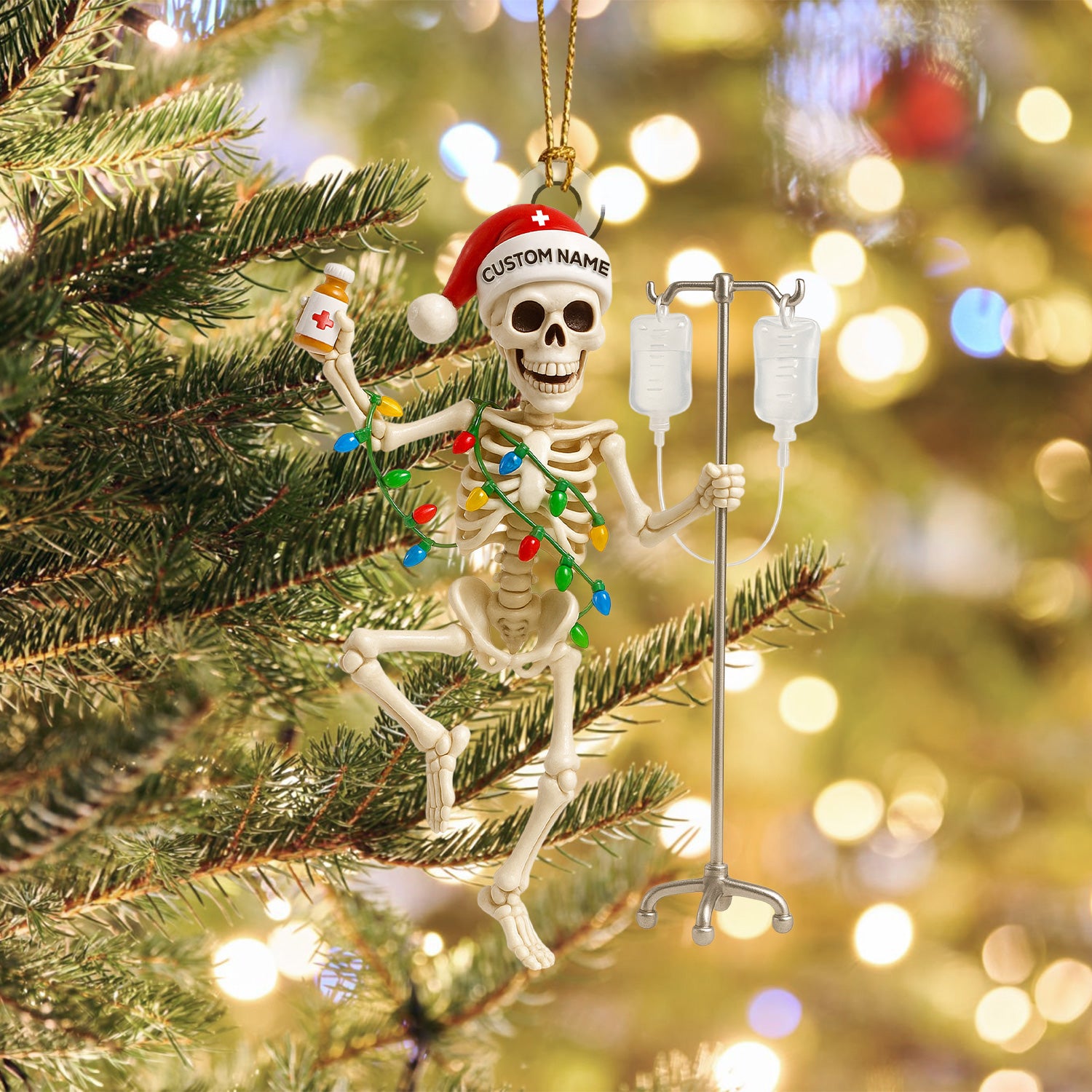 Personalized Skeleton Nurse Christmas Ornament – Funny Medical IV Pole Holiday Decor – Custom Name Dancing Skeleton Tree Ornament for Nurses & Healthcare Workers