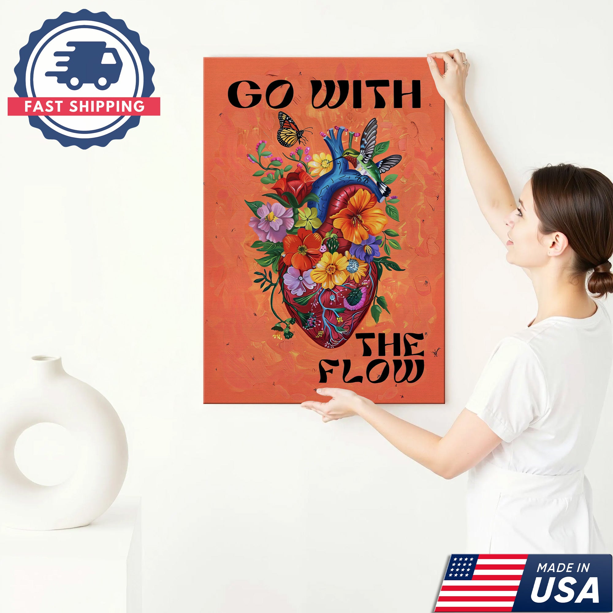 Go With The Flow Canvas, Heart and Flowers Wall Art, RN LPN CNA Healthcare Workers Gift