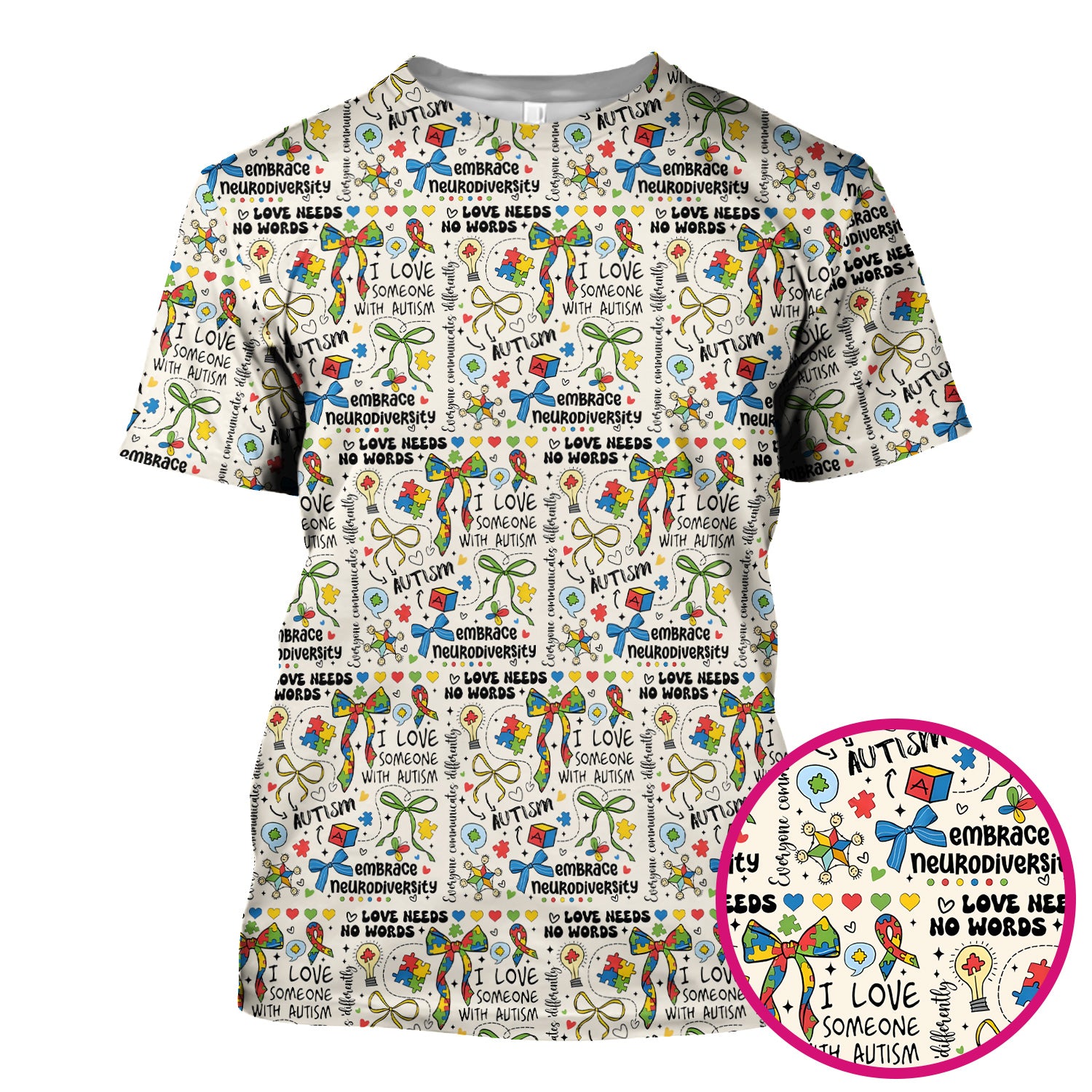 Autism Awareness Puzzle Ribbon Pattern Scrub Top, Breathable Fabrics Nursing Uniform
