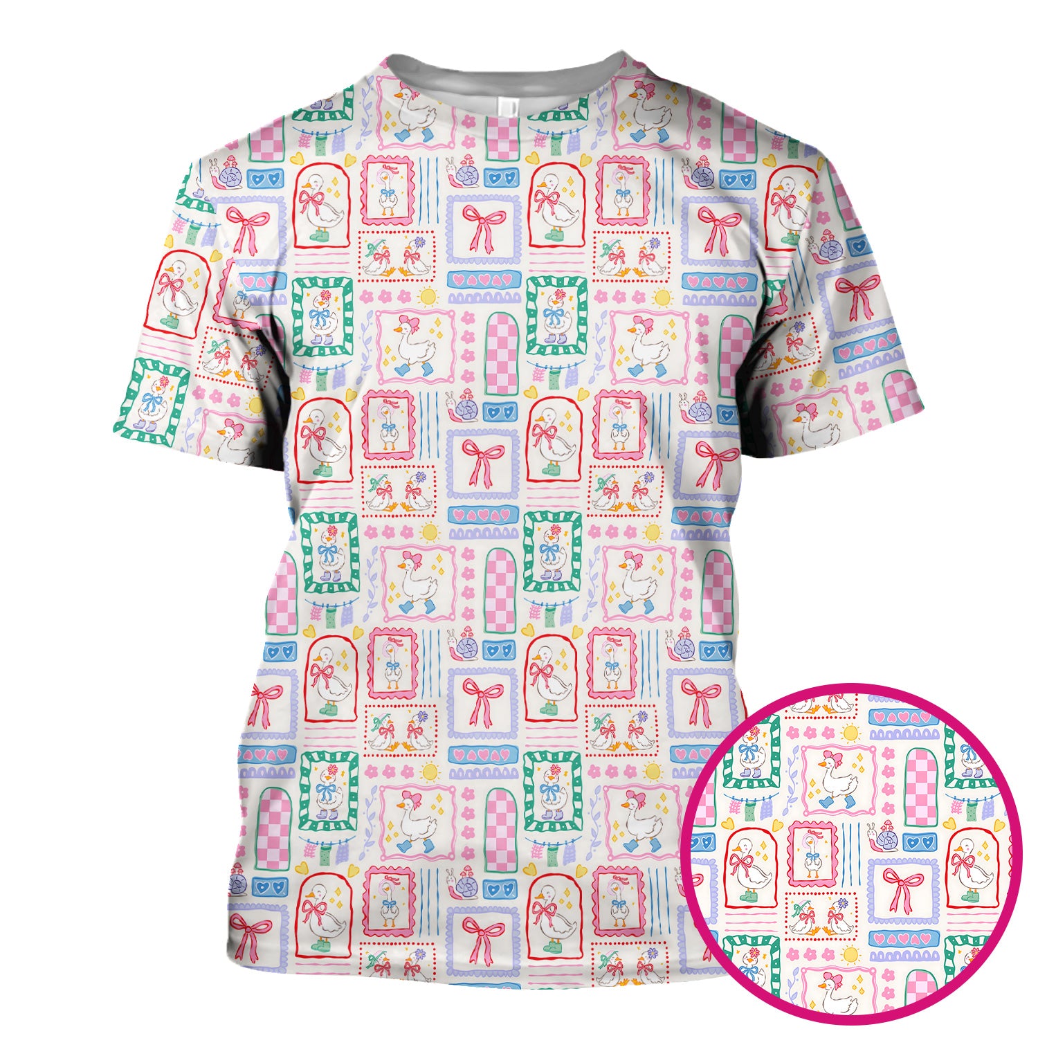 Adorable Nurse Goose Ribbon Patchwork Frame Pattern Scrub Top, Comfortable Scrubs for Nurses
