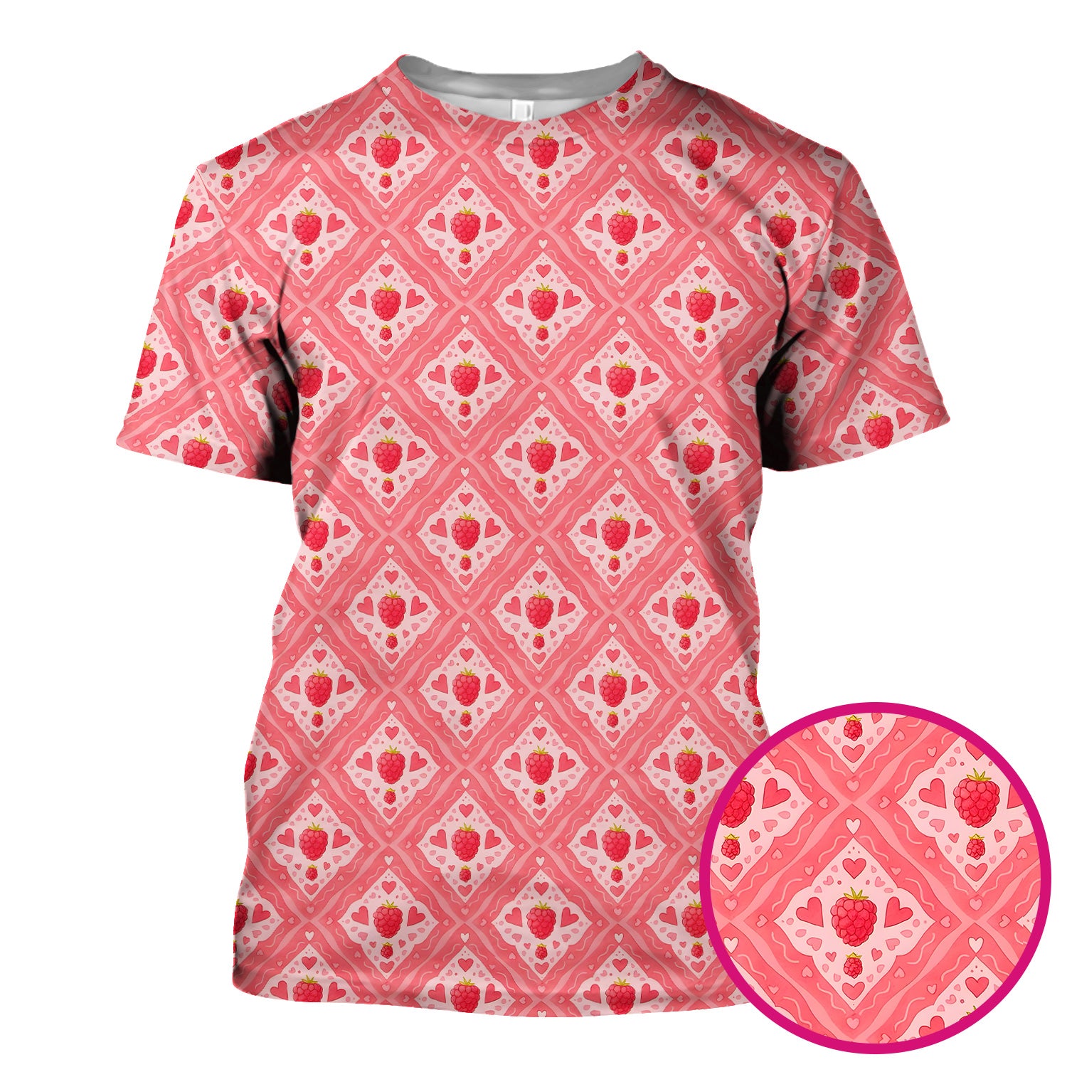 Cute Raspberry Heart Diamond Pattern Scrub Top, Comfortable Scrubs for Nurses
