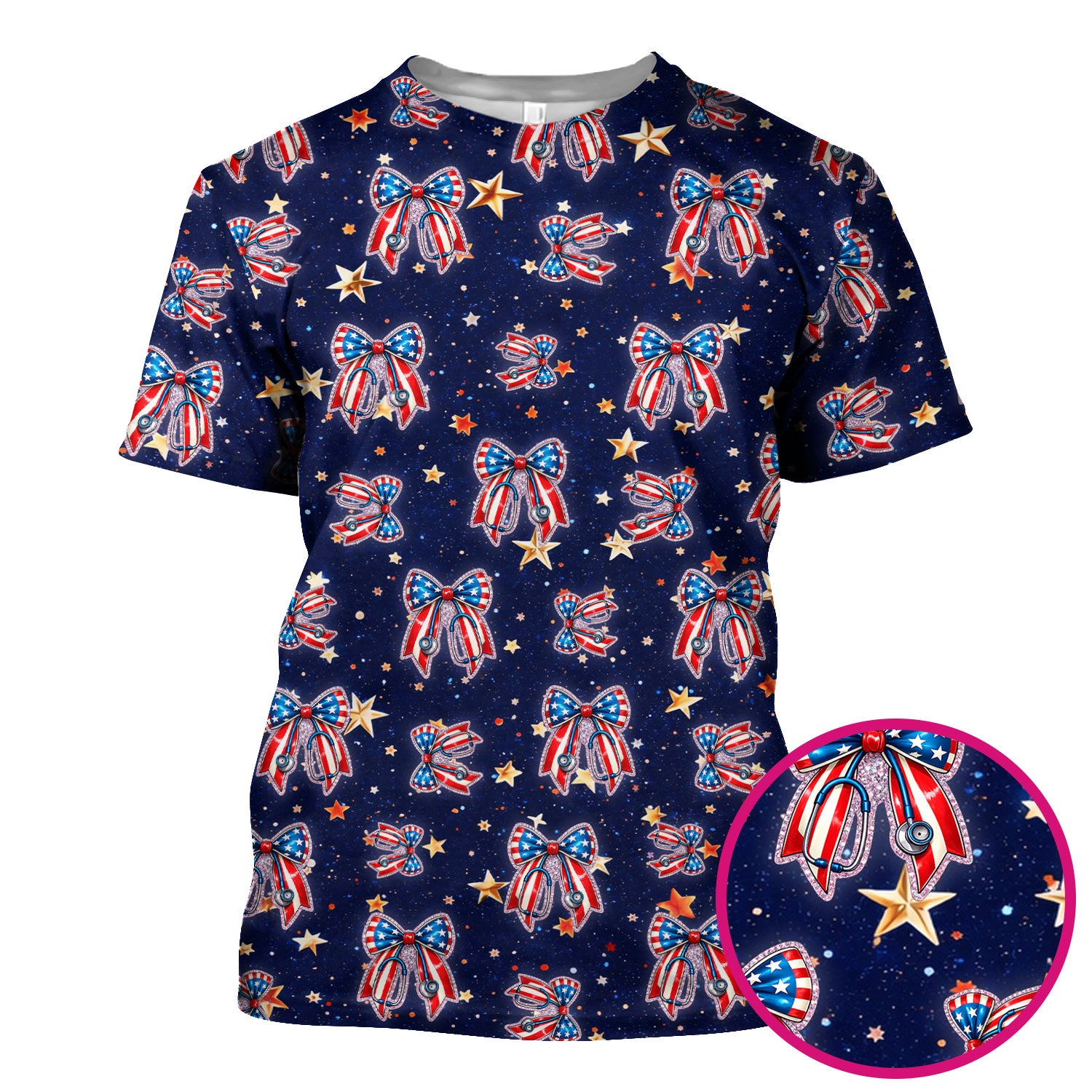 Patriotic Bow Star Print Nurse Scrub Top, Breathable Fabrics Nursing Uniform