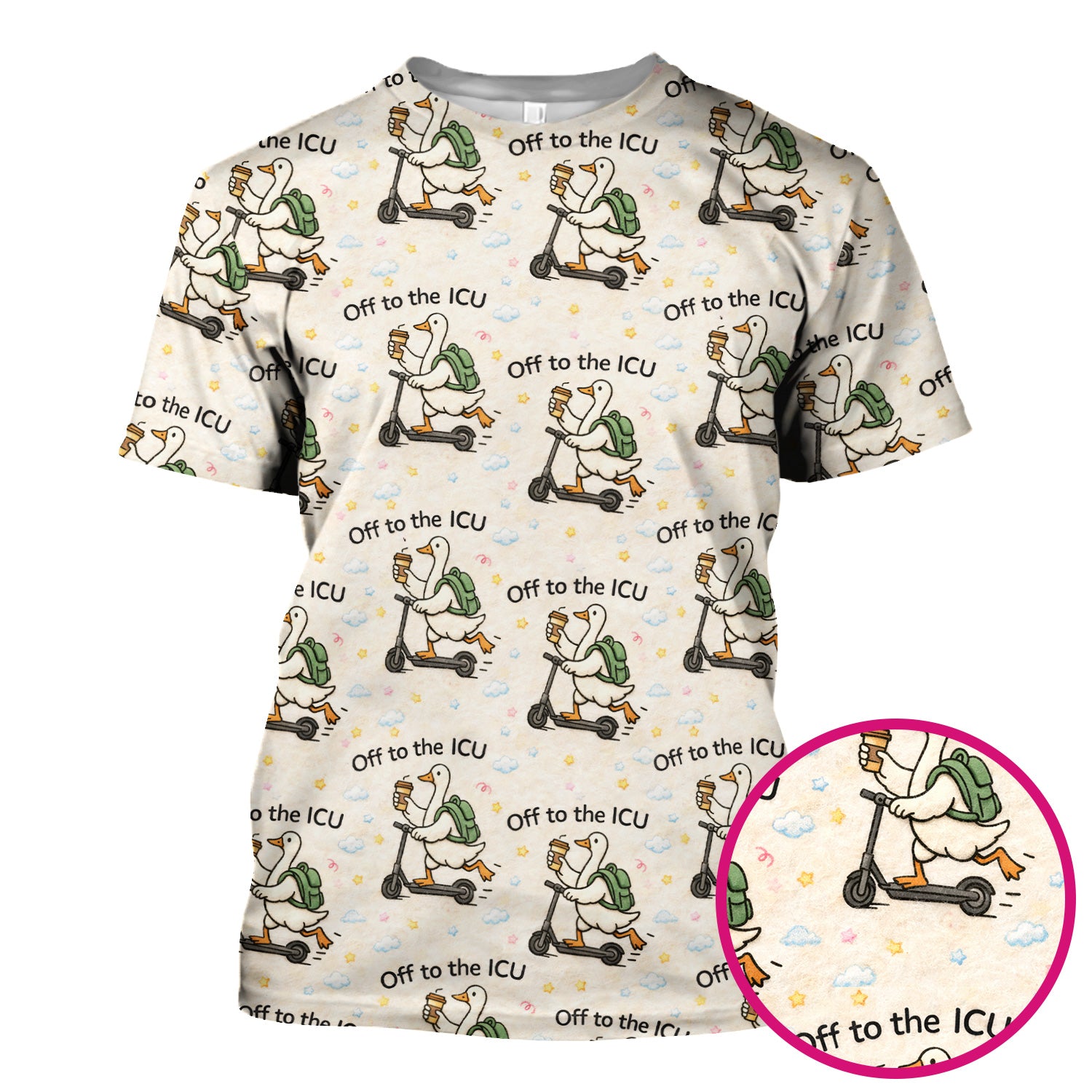 Funny Goose Off To The ICU Pattern Scrubs Top, Breathable Fabrics Nursing Uniform