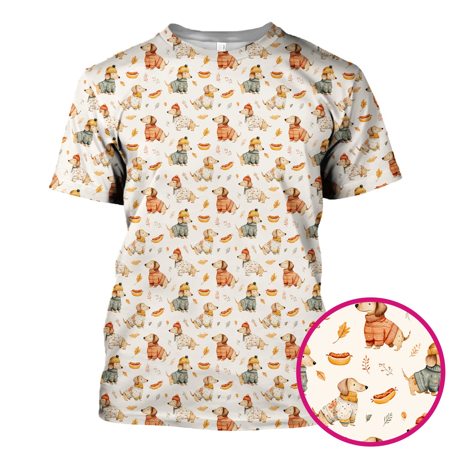 Autumn Dachshund Dog Sweater Print Scrub Top, Comfortable Scrubs for Nurses