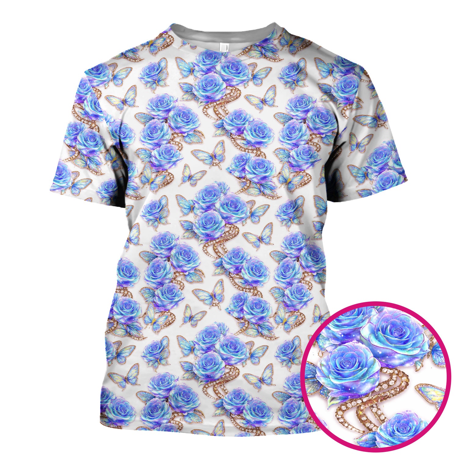 Elegant Blue Rose Floral Print Scrub Top, Soft & Breathable Nurse Scrubs