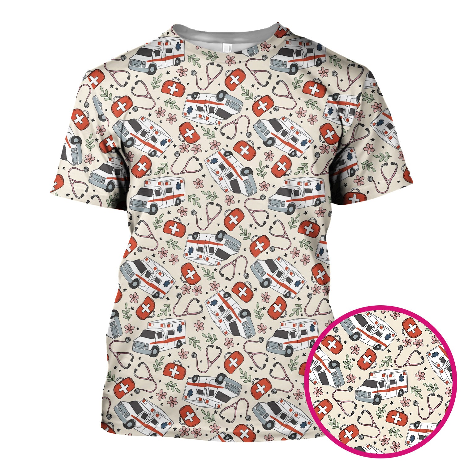 Ambulance Stethoscope First Aid Floral Pattern Scrub Top, Comfortable Scrubs for Nurses