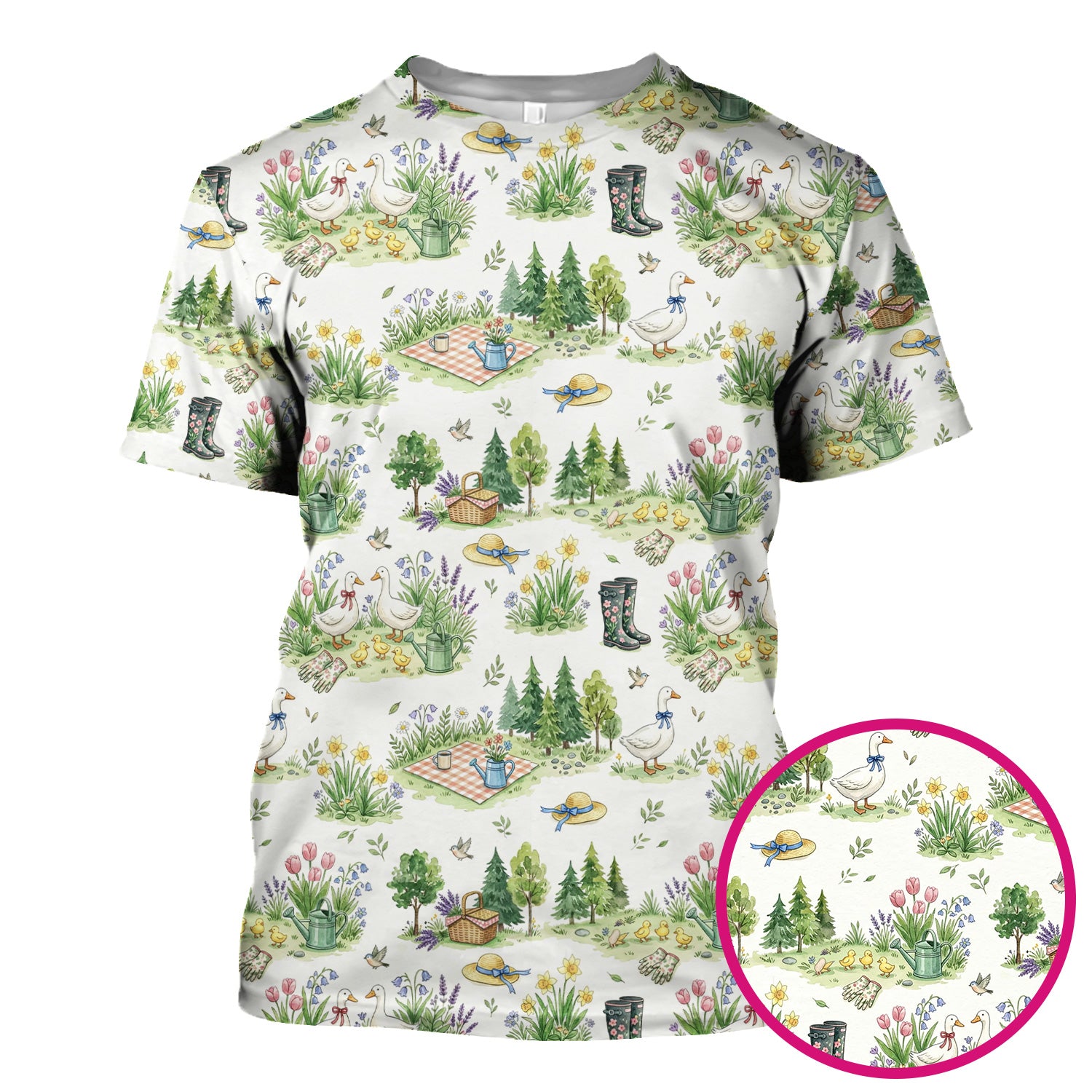 Cute Duck Garden Pattern Scrub Top, Spring Floral Countryside Nursing Uniform
