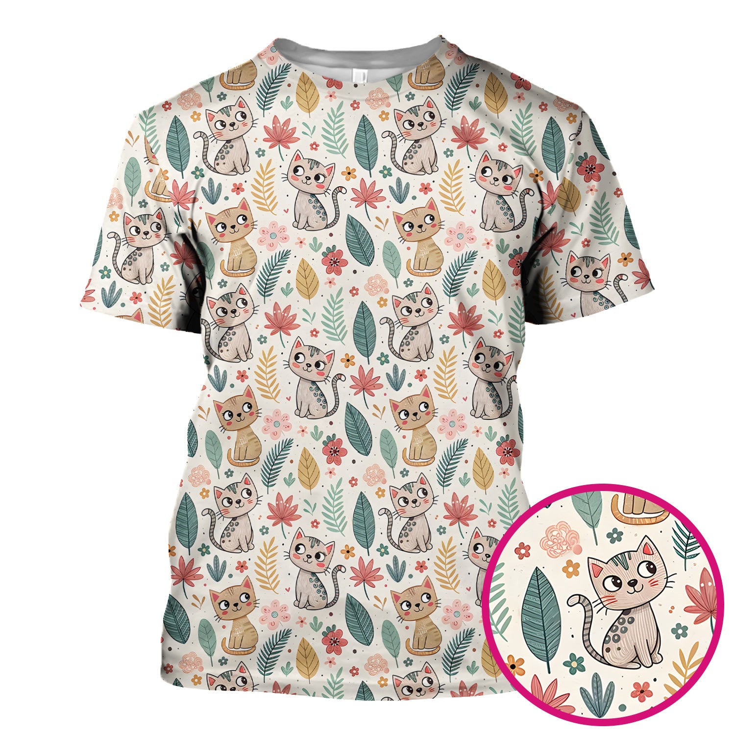 Cute Cartoon Cat Floral Leaf Pattern Scrub Top, Kawaii Kitty Nursing Uniform for Women