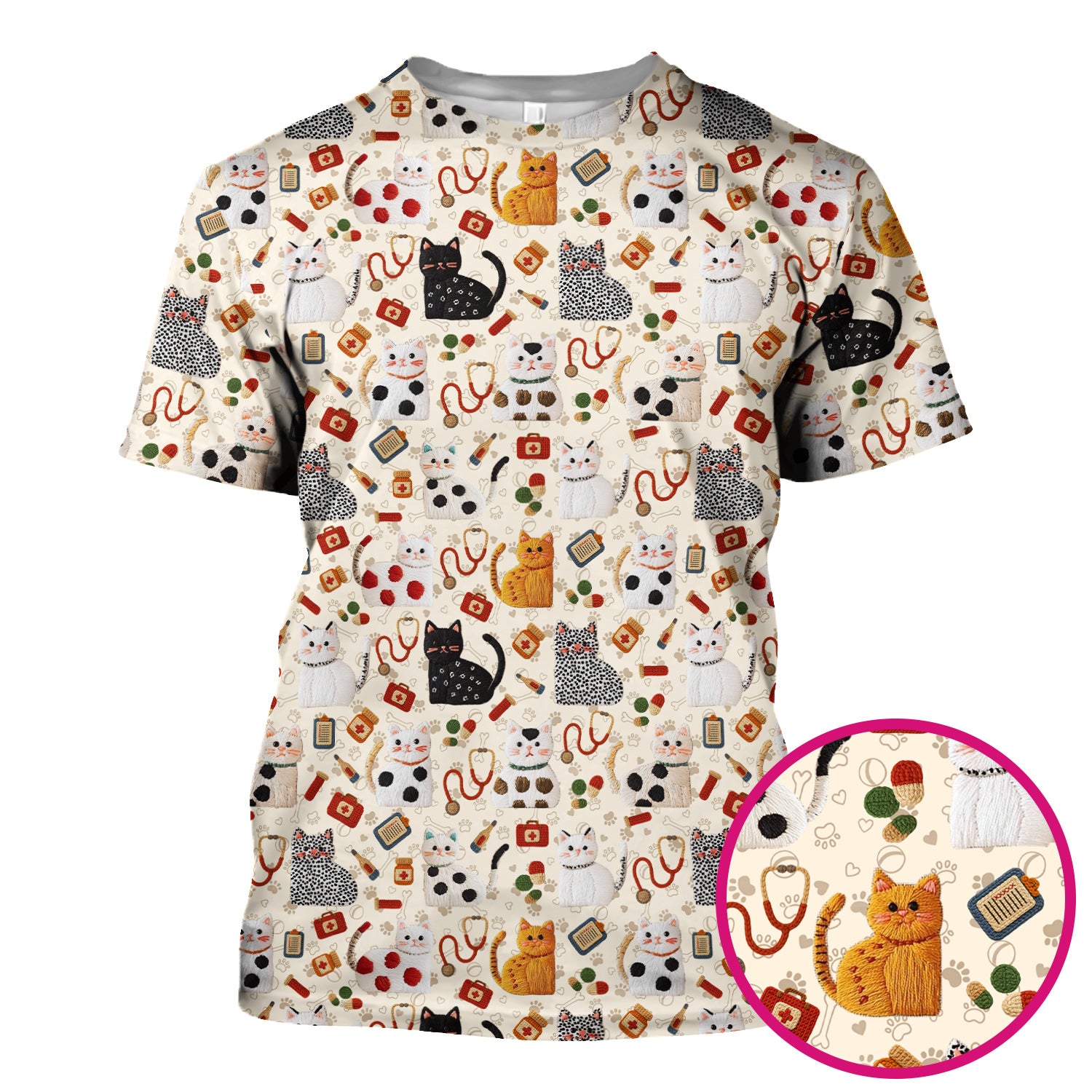 Cute Cat Scrub Top – Funny Veterinary Pattern Medical Shirt – Pet Lover Uniform For RN, LPN, CNA, and Vet Staff