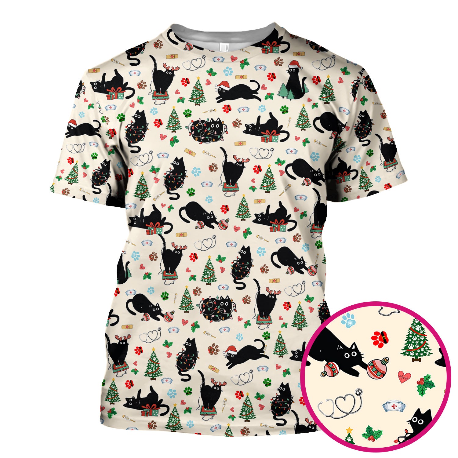 Black Cat Christmas Nurse Scrub Top, Festive Kitty Medical Uniform Shirt for Women